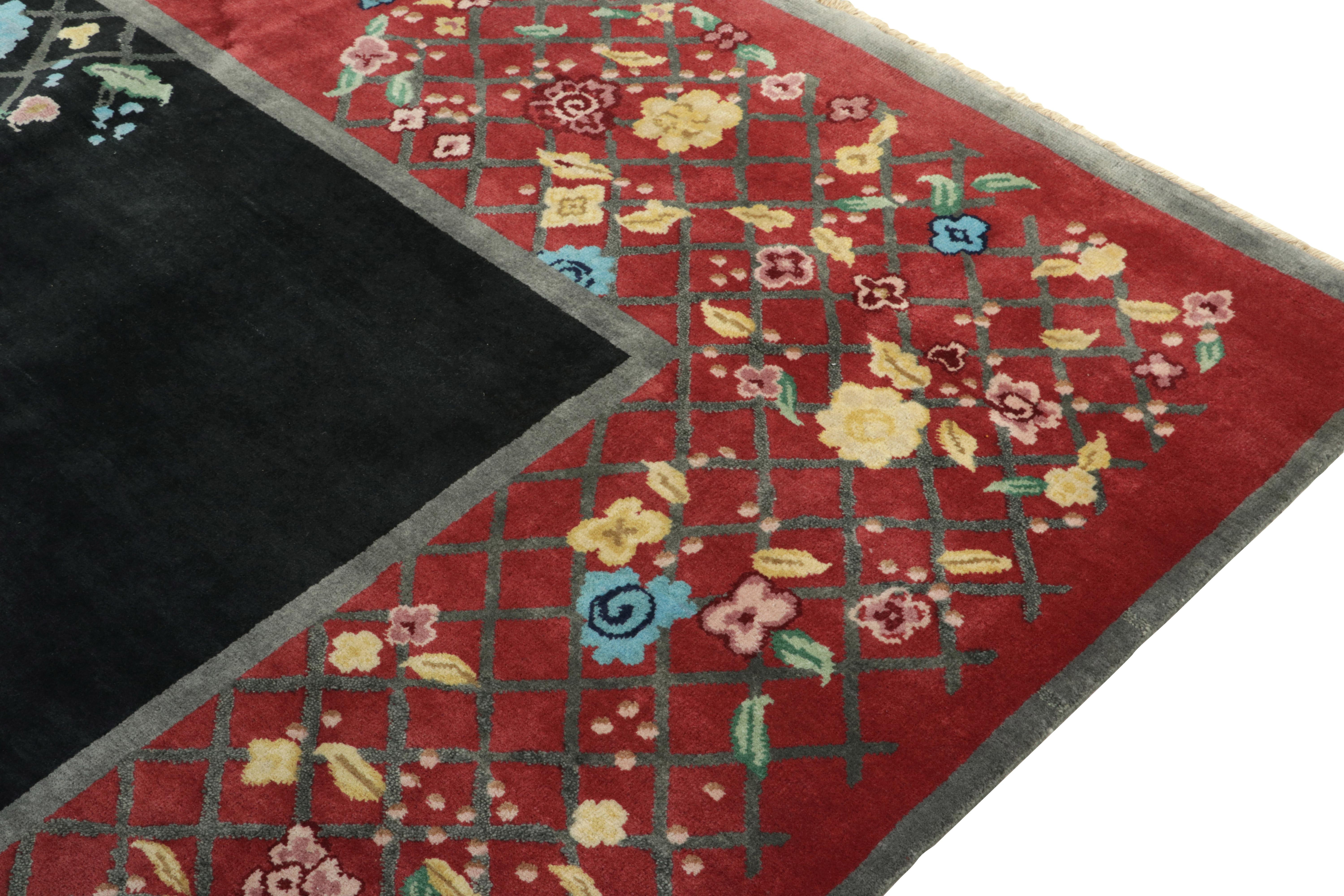 Hand-Knotted Rug & Kilim’s Chinese Deco Style Rug in Black & Colorful Florals For Sale