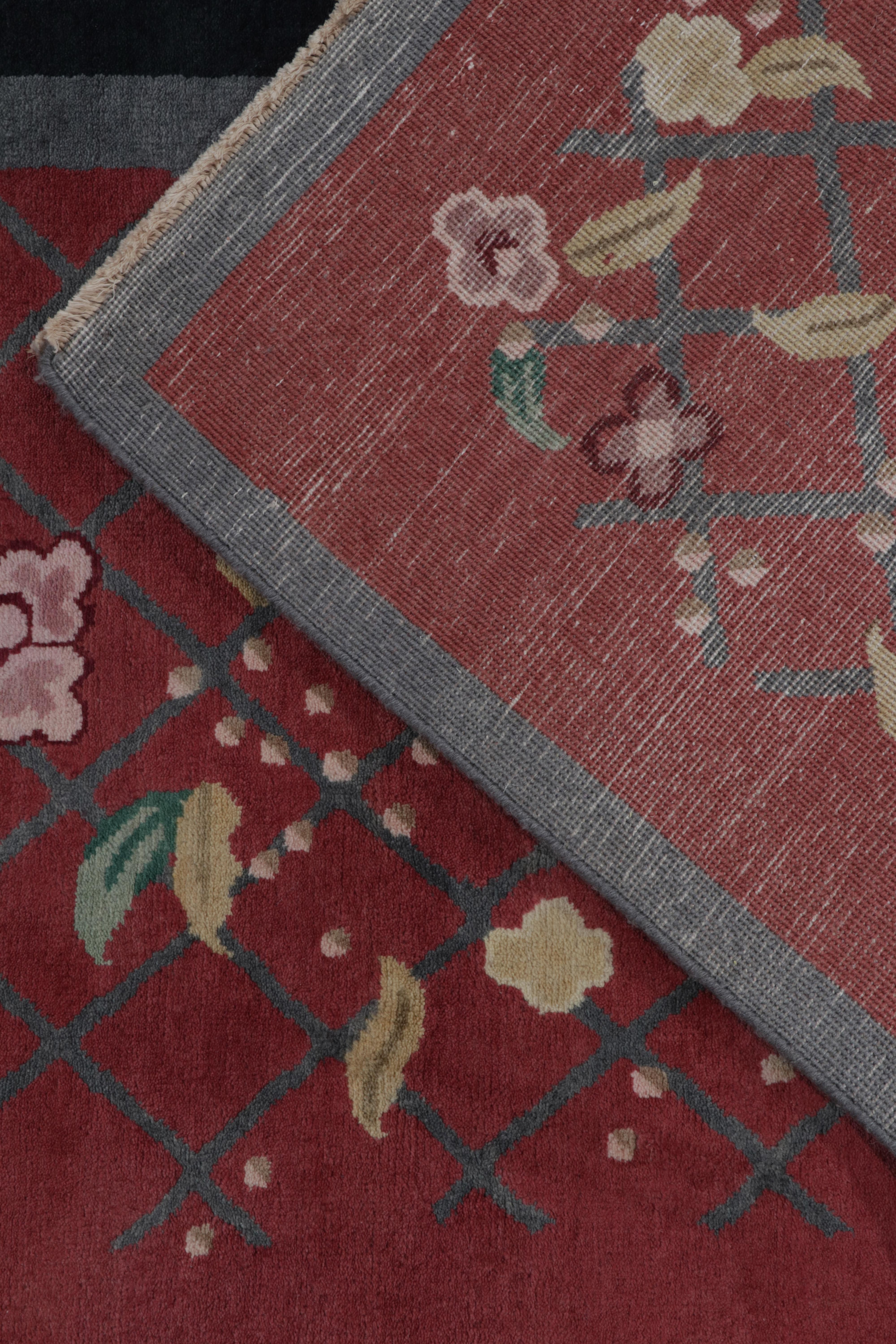 Contemporary Rug & Kilim’s Chinese Deco style rug in Black and Red with Colorful Florals For Sale