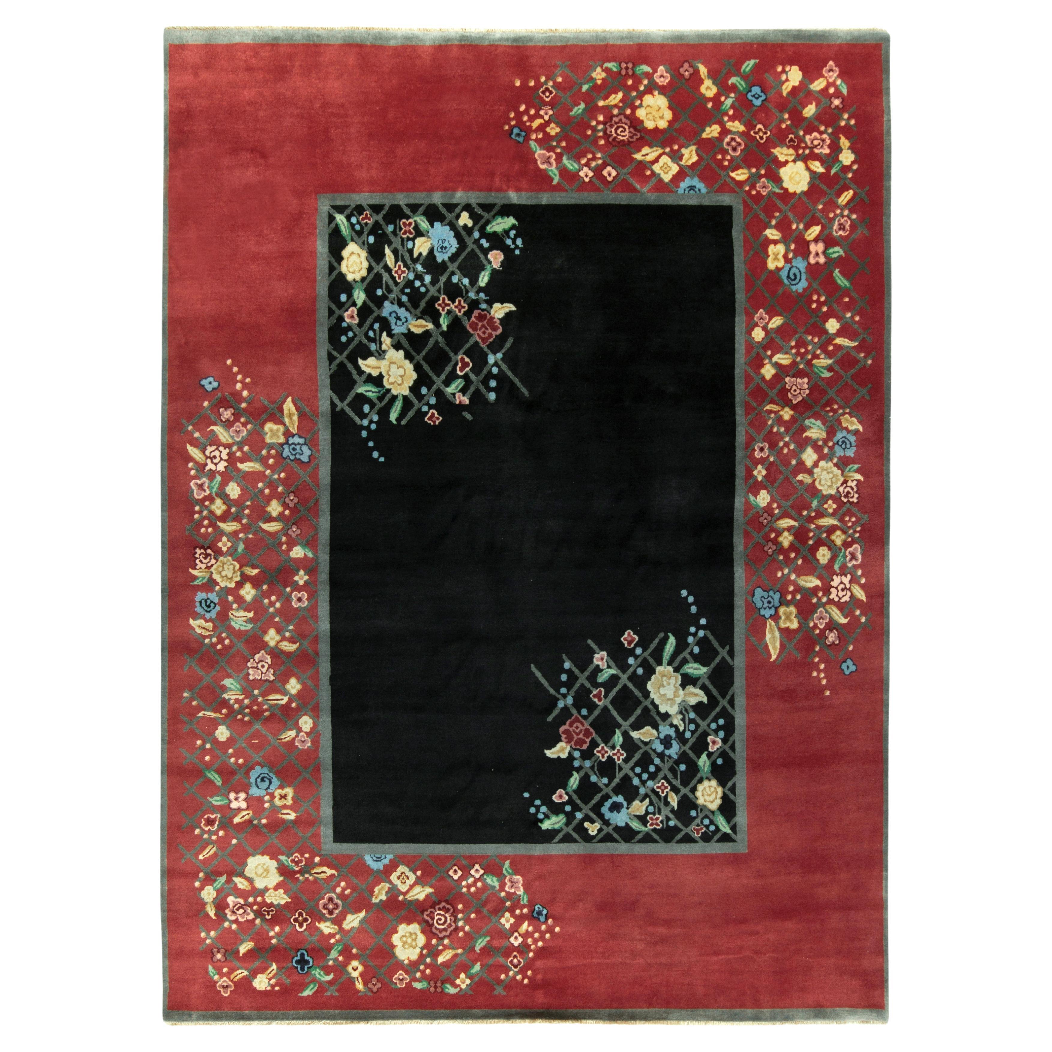 Rug & Kilim’s Chinese Deco Style Rug in Black & Colorful Florals For Sale