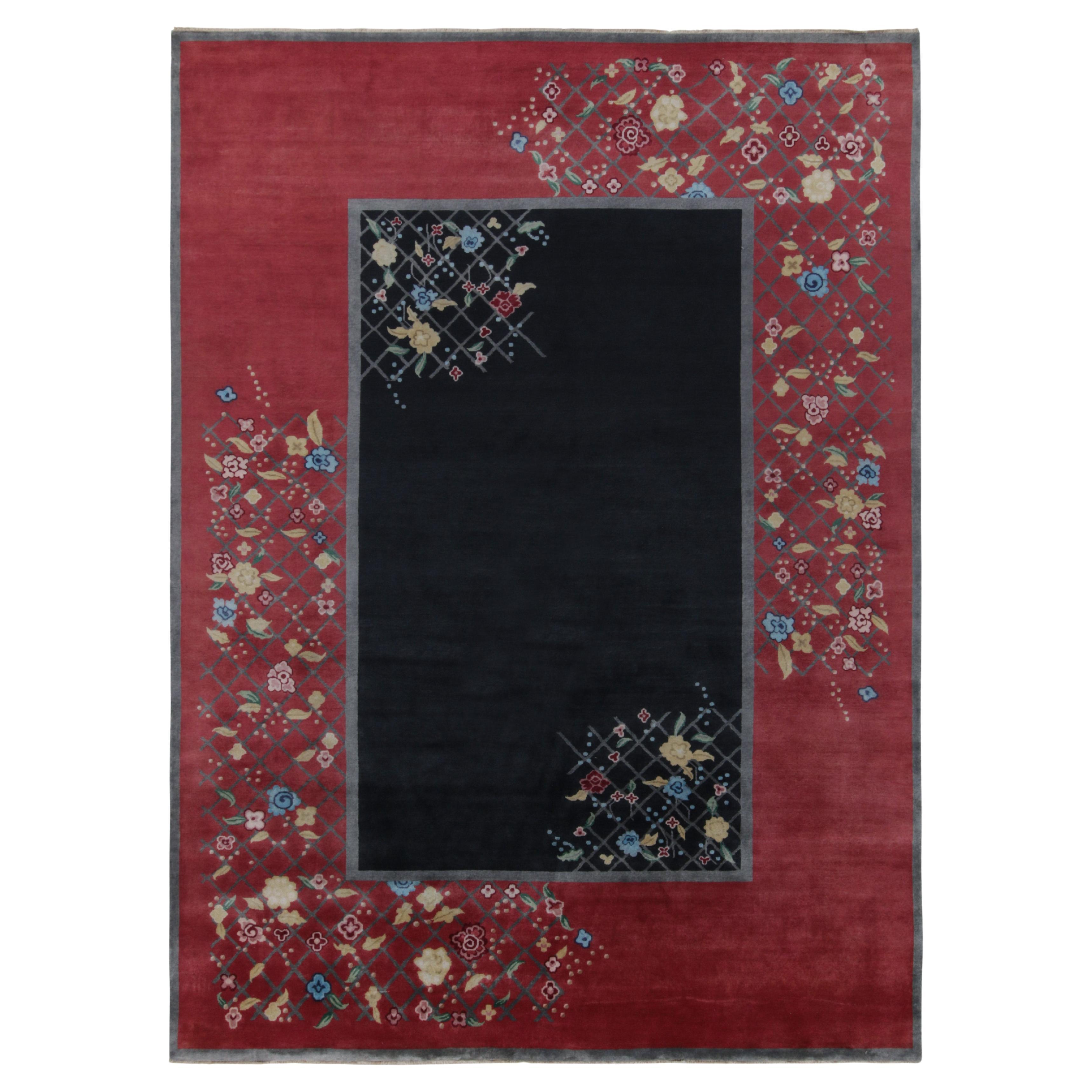 Rug & Kilim’s Chinese Deco style rug in Black and Red with Colorful Florals For Sale