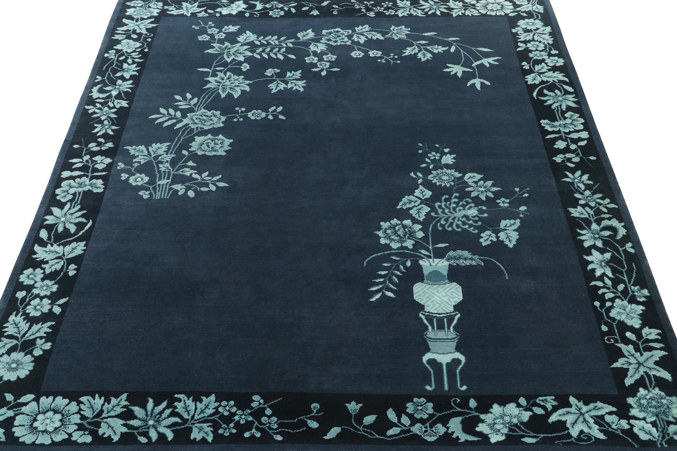 Art Deco Chinese Deco Style Rug in Blue Floral Patterns by Rug & Kilim For Sale
