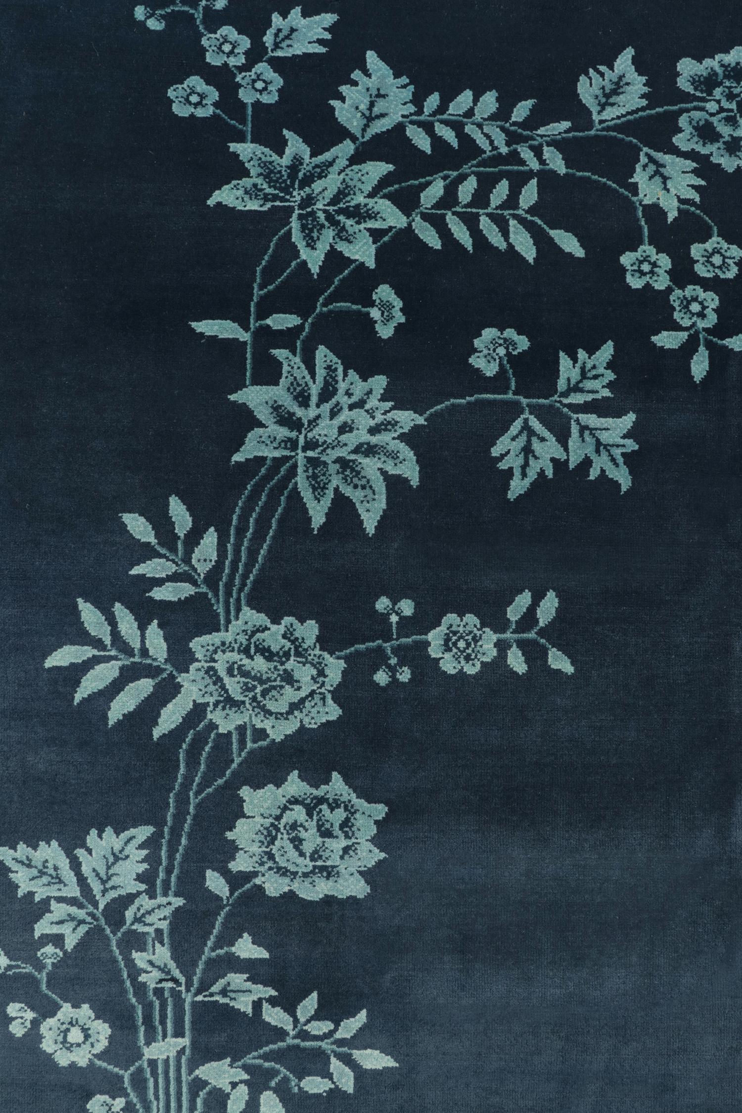 Chinese Deco Style Rug in Blue Floral Patterns by Rug & Kilim In condizioni buone in vendita a Long Island City, NY