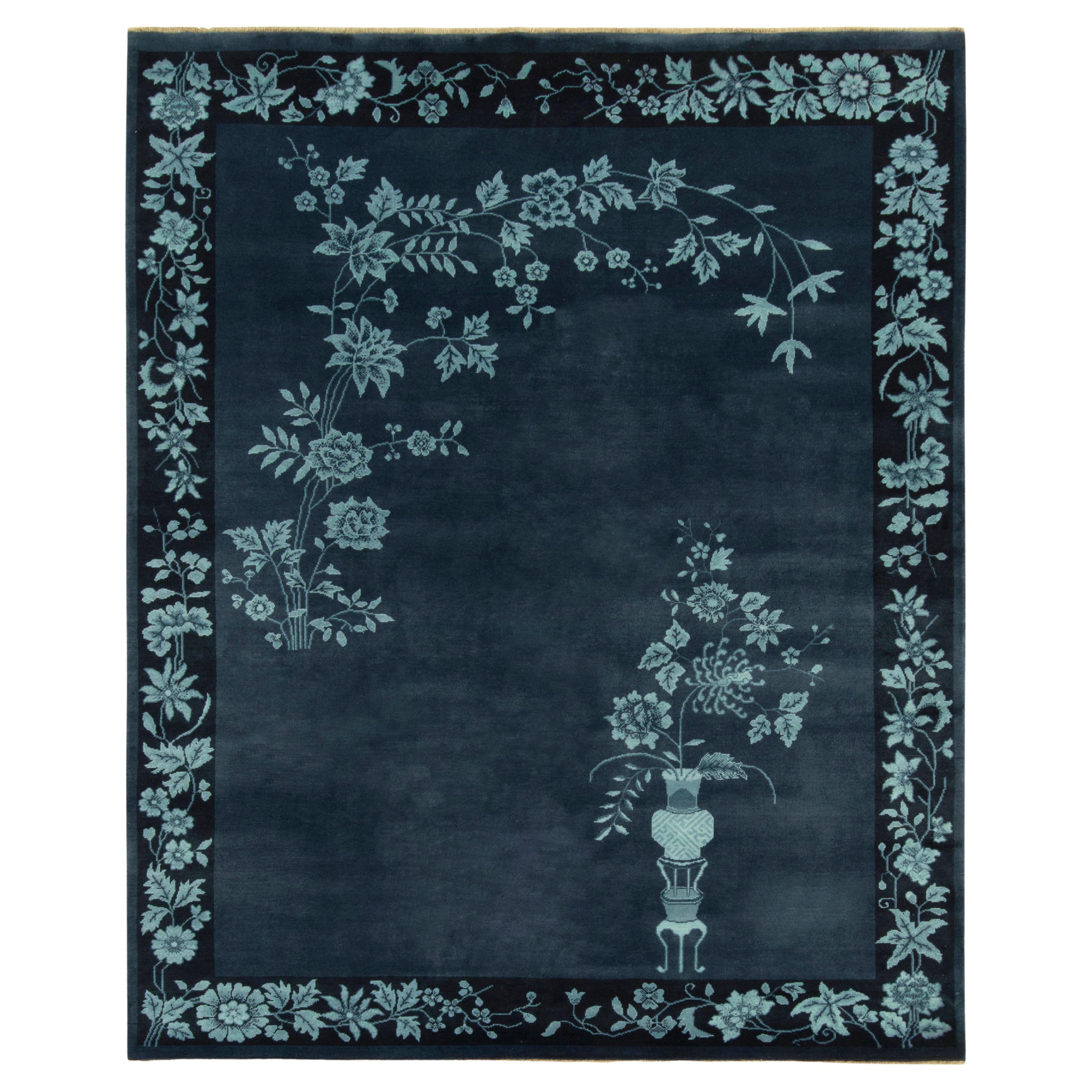 Chinese Deco Style Rug in Blue Floral Patterns by Rug & Kilim