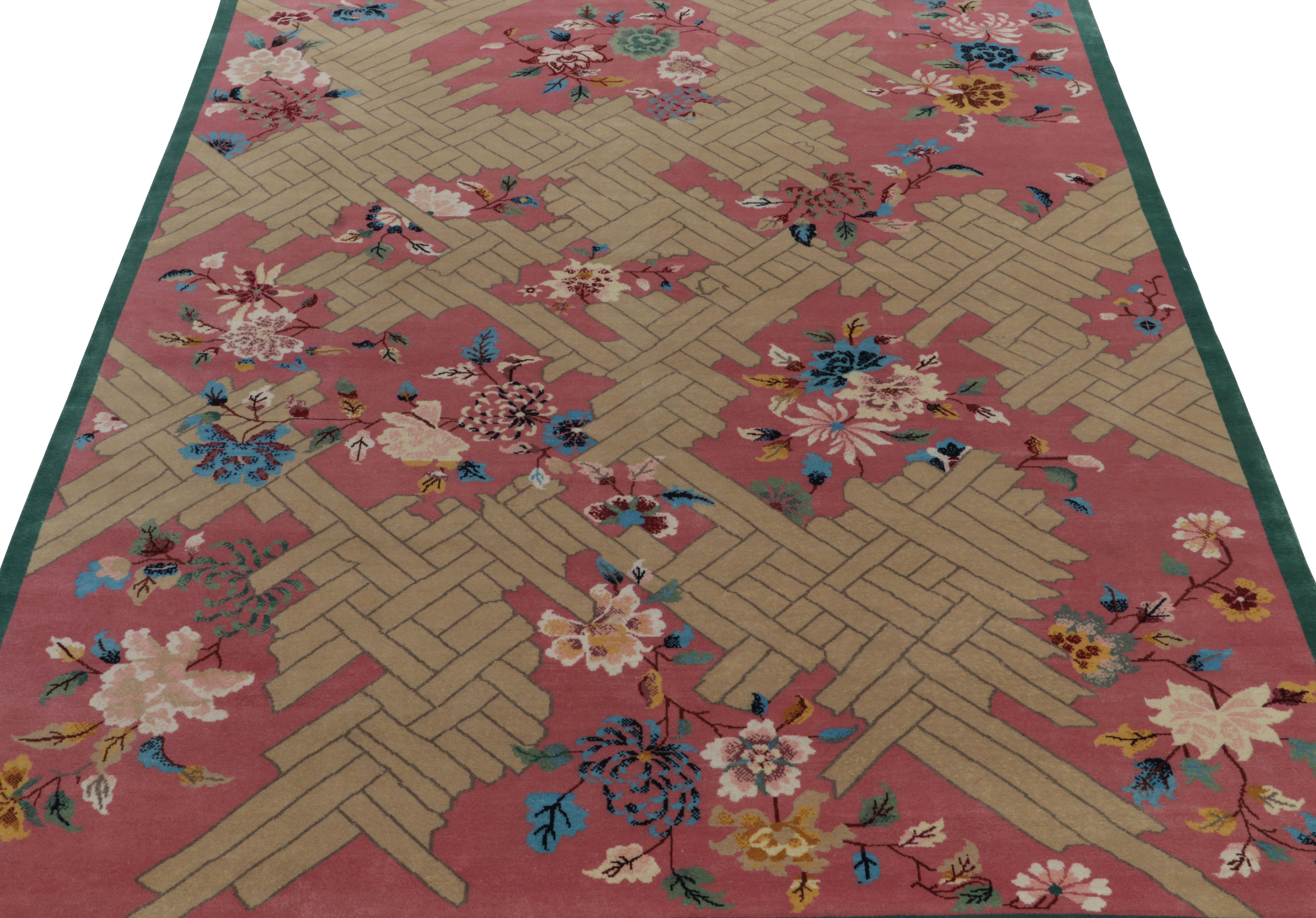 Art Deco Rug & Kilim’s Chinese Deco Style rug in Pink, Beige & Blue Floral Patterns For Sale