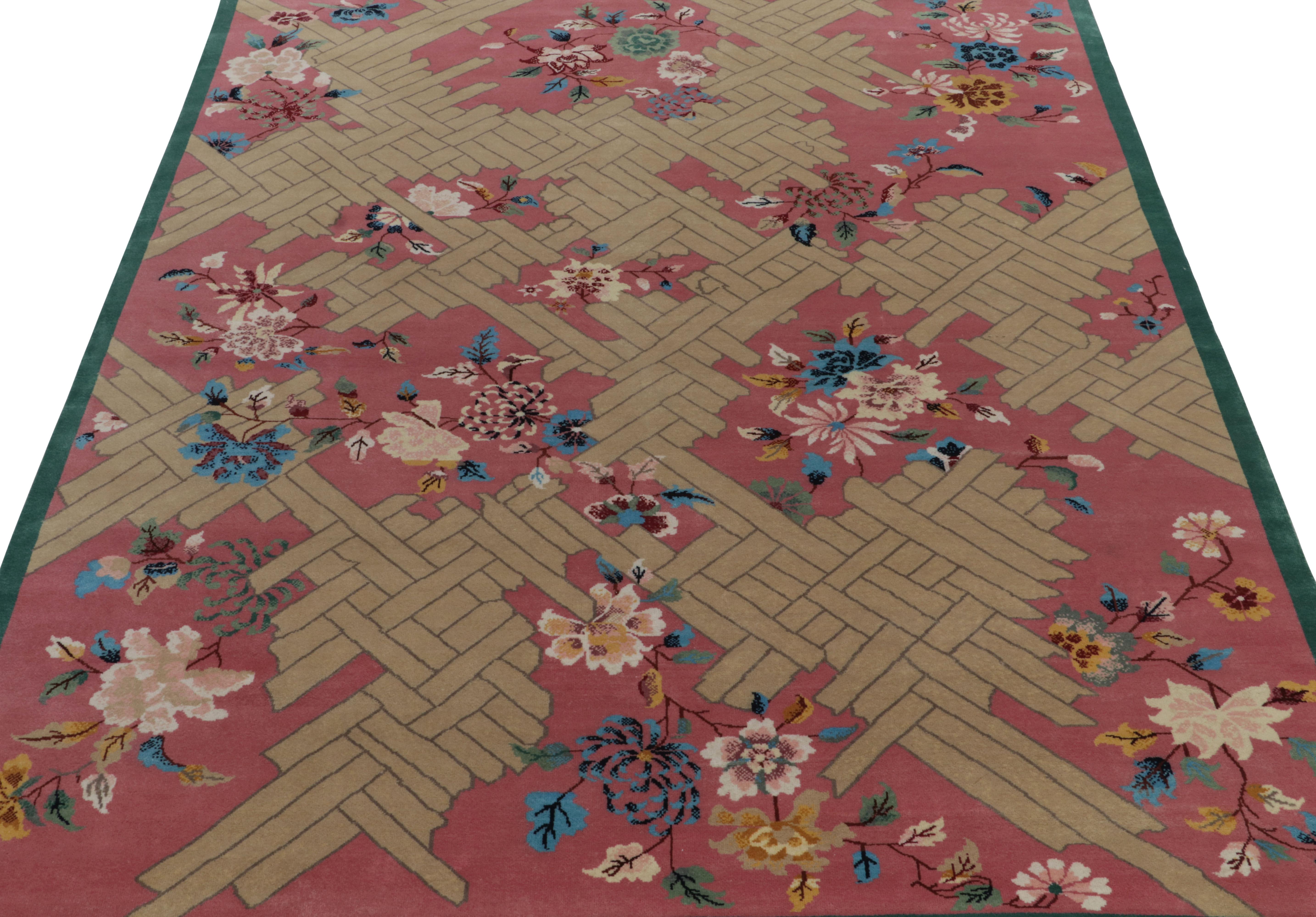 Art déco Rug & Kilim's Chinese Deco Style Rug in Pink, Beige & Blue Floral Patterns en vente