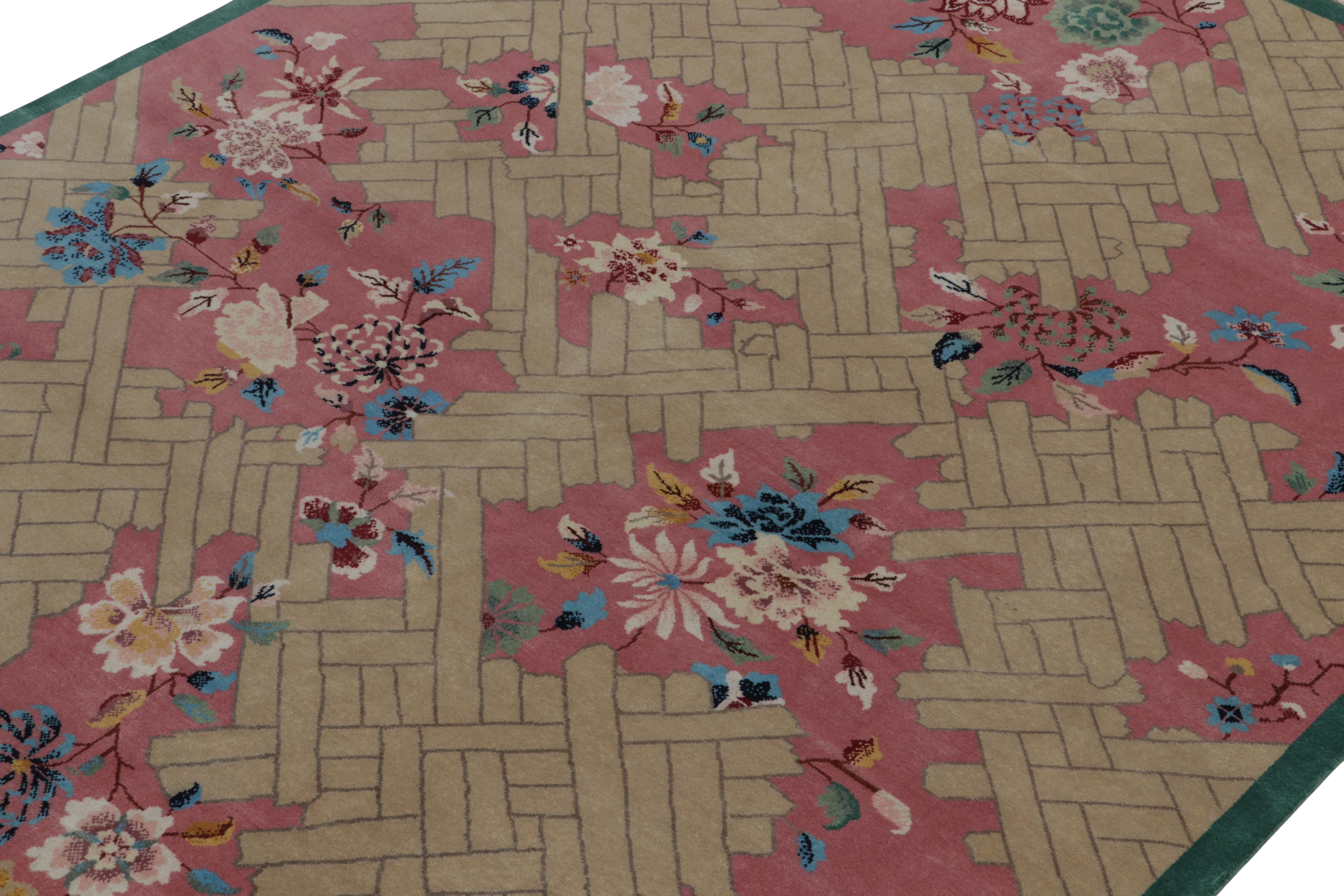 Indian Rug & Kilim’s Chinese Deco Style Rug in Pink, Beige & Blue Floral Patterns For Sale