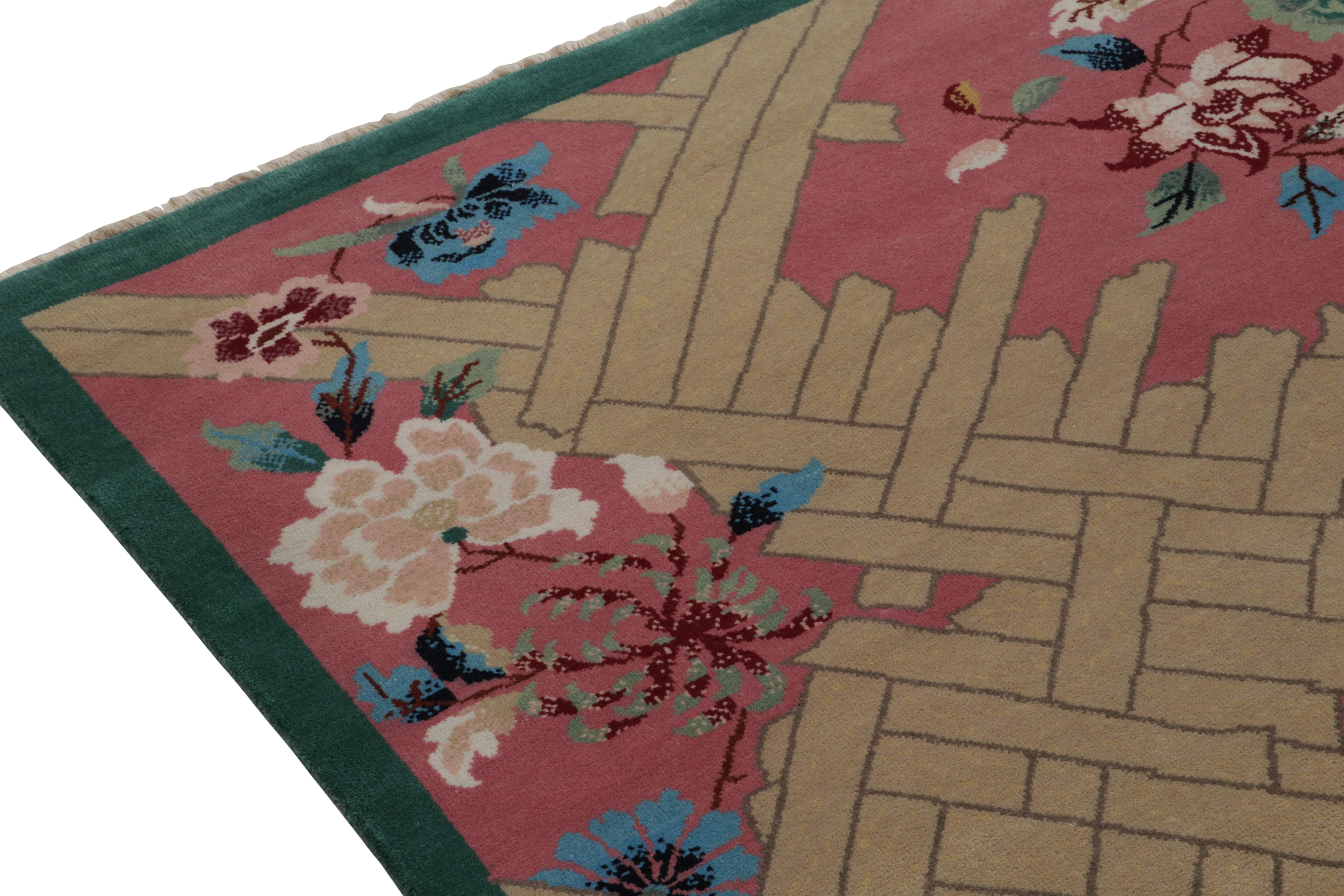 Hand-Knotted Rug & Kilim’s Chinese Deco Style rug in Pink, Beige & Blue Floral Patterns For Sale