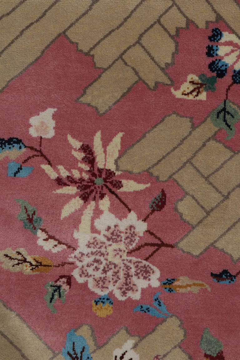 Rug and Kilim’s Chinese Deco Style Rug in Pink, Beige and Blue Floral ...