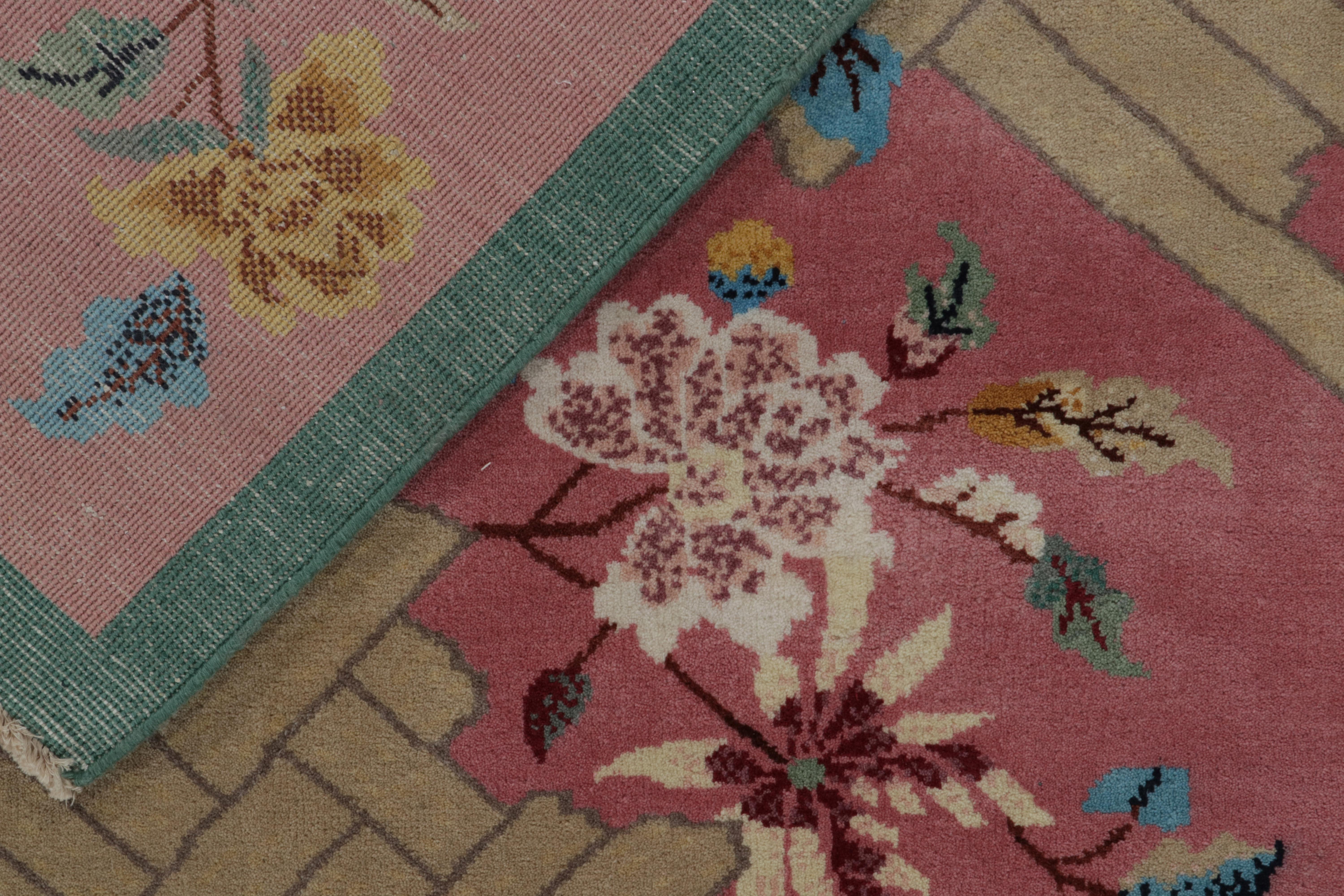 Contemporary Rug & Kilim’s Chinese Deco Style Rug in Pink, Beige & Blue Floral Patterns For Sale
