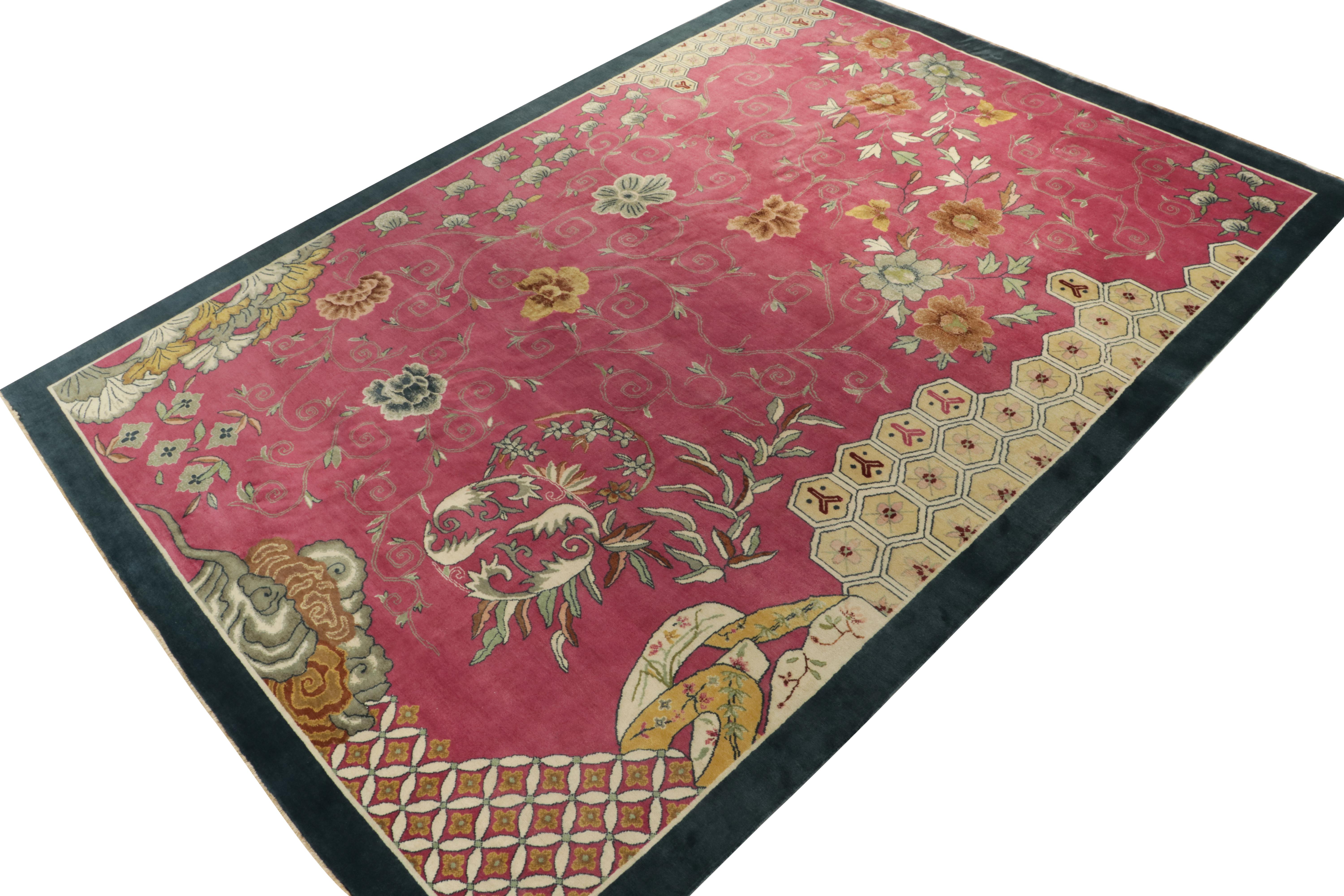 Hand-knotted in luscious wool, a 10x14 Art Deco rug, inspired by Chinese sensibilities of the 1920s. 

On the Design: The delicious pink tones marry the sheen of wool for an alluring luster in a healthy pile. The piece further witnesses florals in