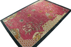 Rug & Kilim’s Chinese Deco Style Rug in Pink with Blue Border, Gold Florals