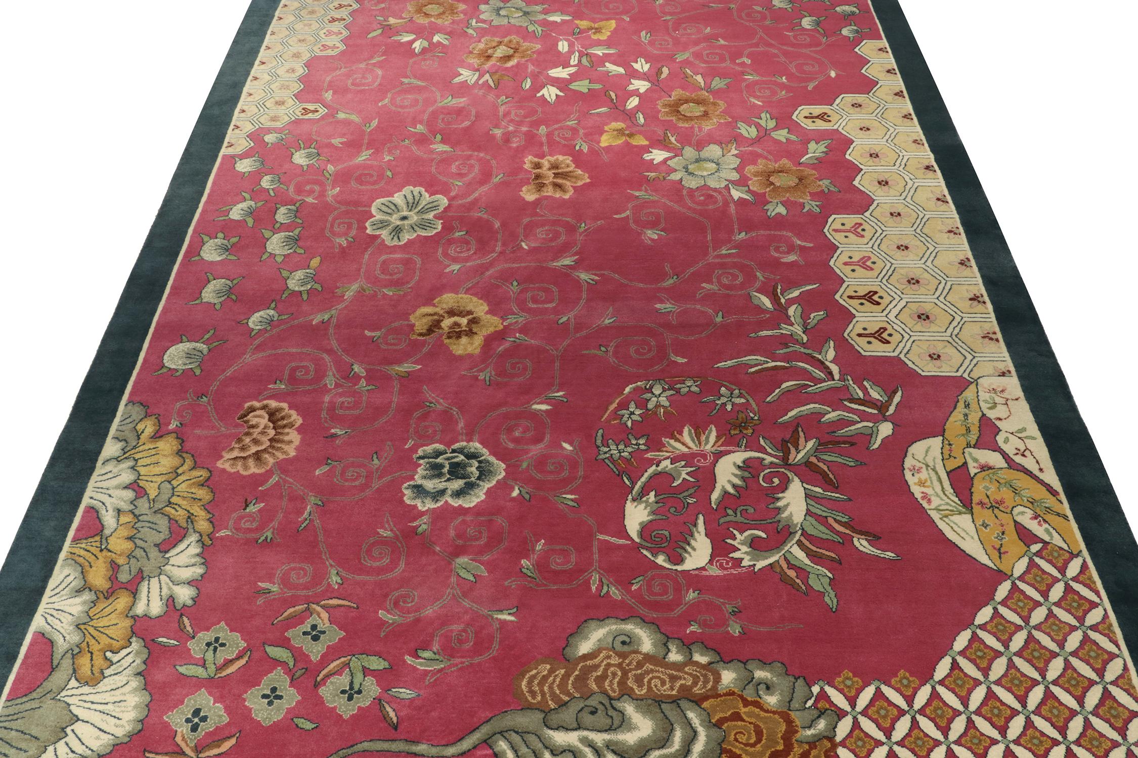 Art Deco Rug & Kilim’s Chinese Deco Style Rug in Pink with Blue Border, Gold Florals For Sale