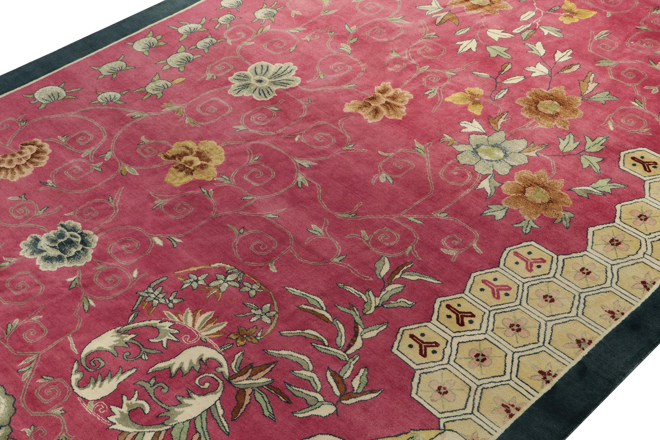 Indian Rug & Kilim’s Chinese Deco Style Rug in Pink with Blue Border, Gold Florals For Sale