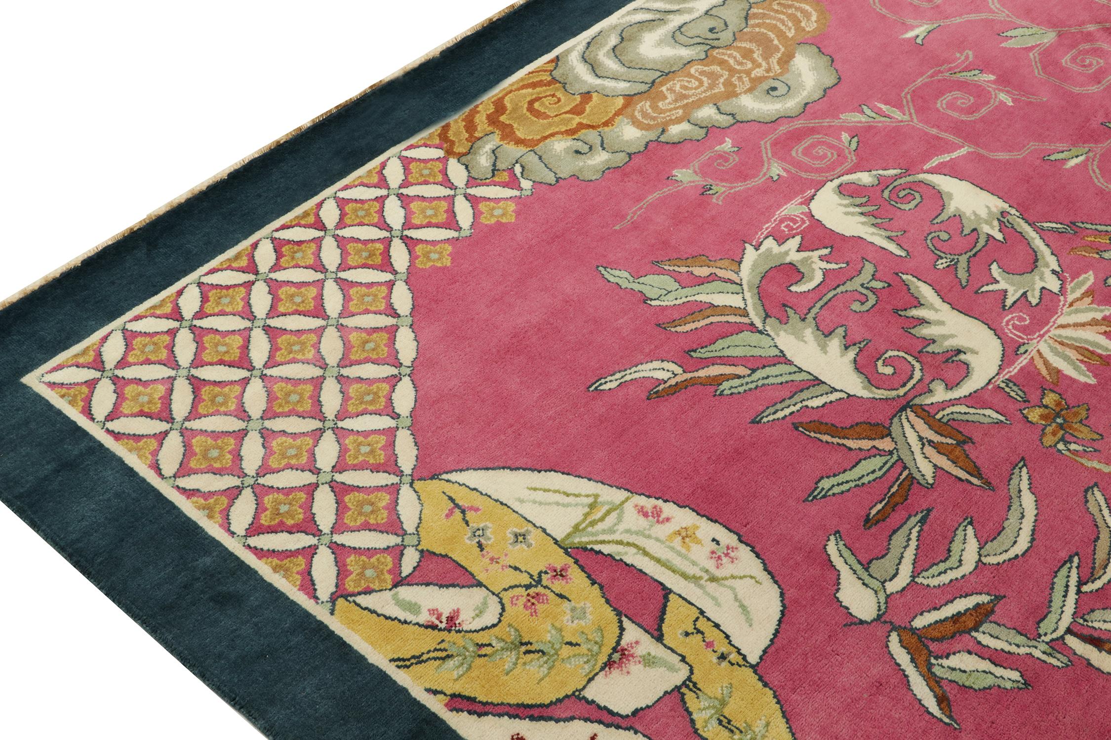 Hand-Knotted Rug & Kilim’s Chinese Deco Style Rug in Pink with Blue Border, Gold Florals For Sale