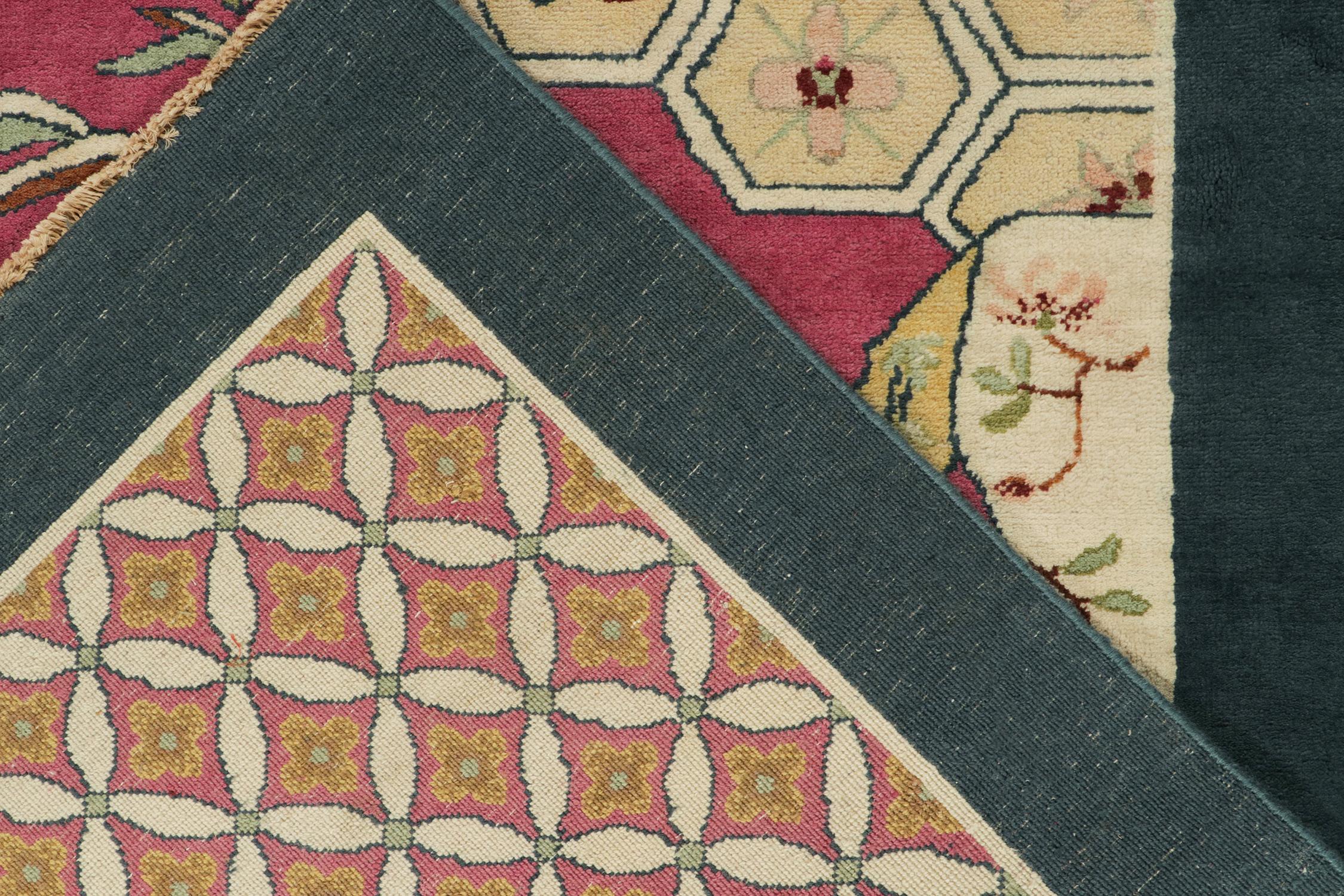 Rug & Kilim’s Chinese Deco Style Rug in Pink with Blue Border, Gold Florals In New Condition For Sale In Long Island City, NY