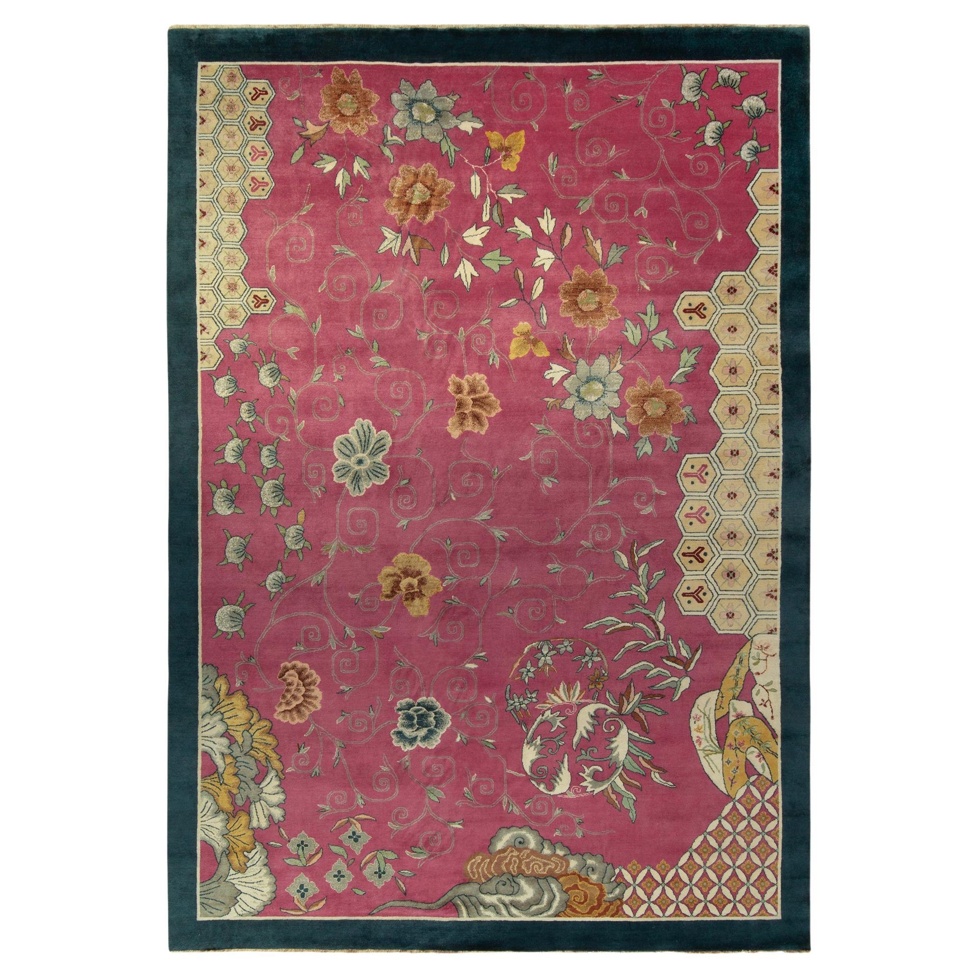 Rug & Kilim’s Chinese Deco Style Rug in Pink with Blue Border, Gold Florals For Sale