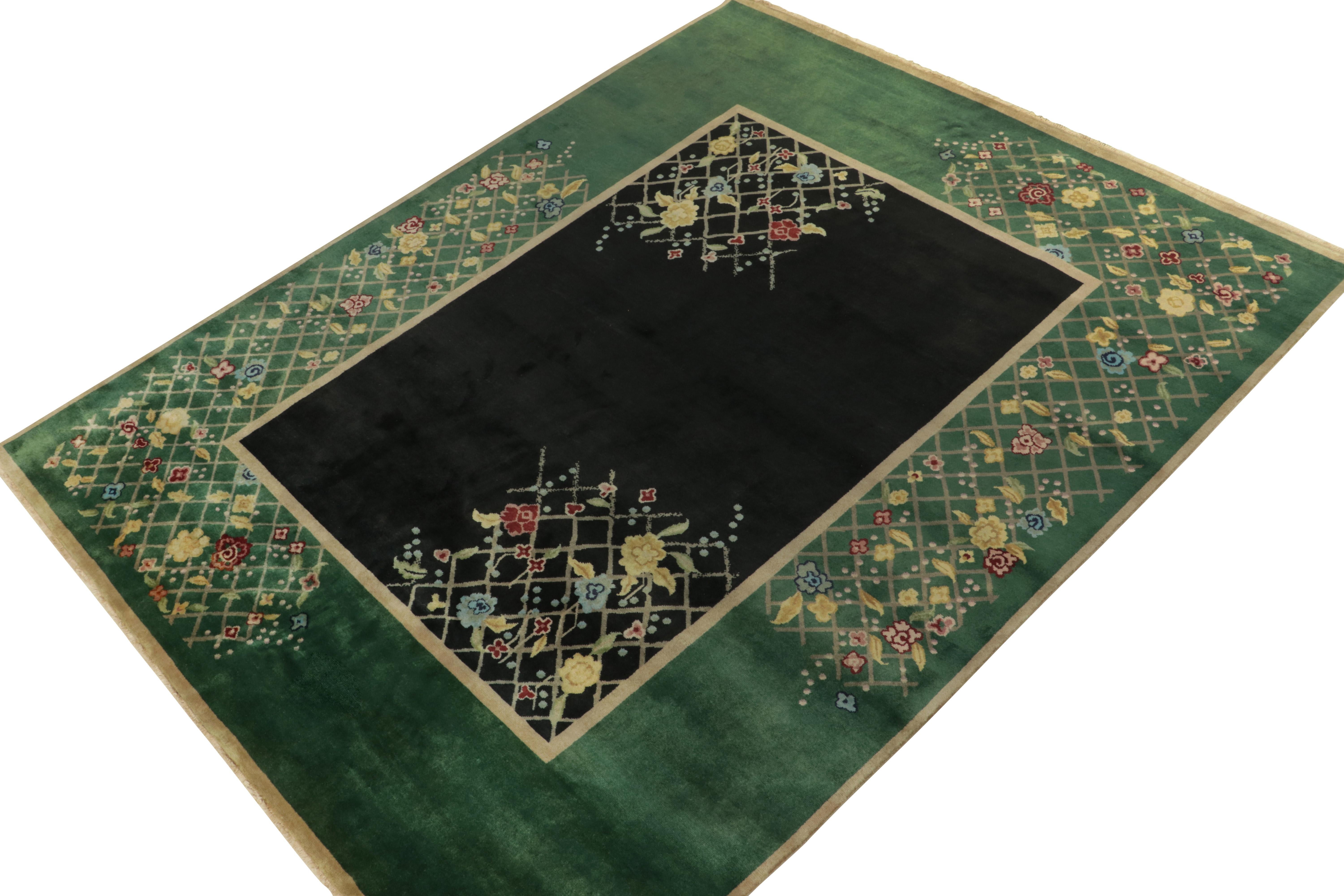 Hand-knotted in luscious wool, an 8x10 Art Deco rug, inspired by Chinese sensibilities of the 1920s. 

On the Design: A teal-green border marries a bold black field, both enjoying the sheen of this fabulous blend of yarns for a lustrous, healthy