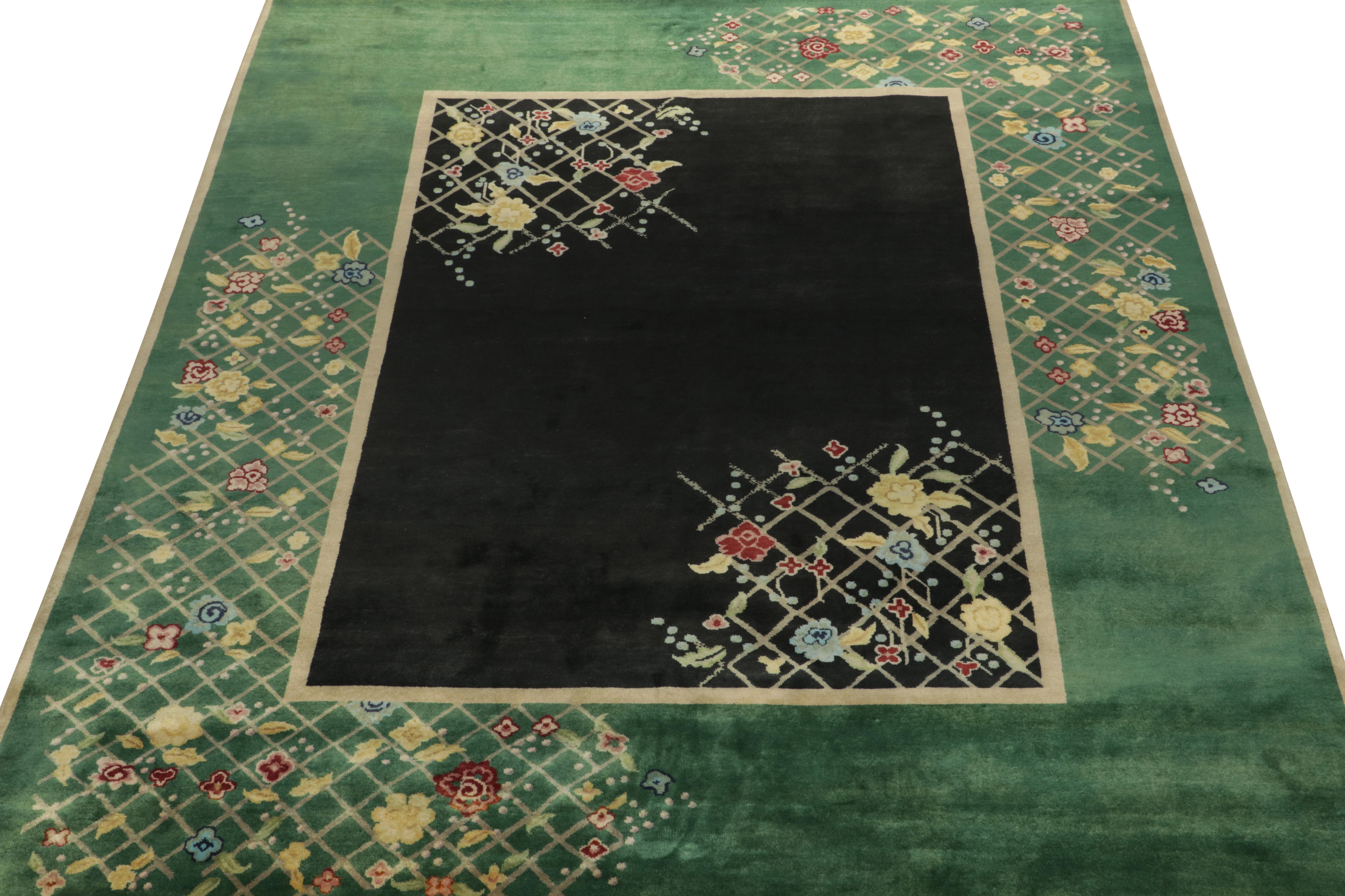 Art Deco Chinese Deco Style Rug in Teal-Green, Black with Colorful Florals by Rug & Kilim For Sale