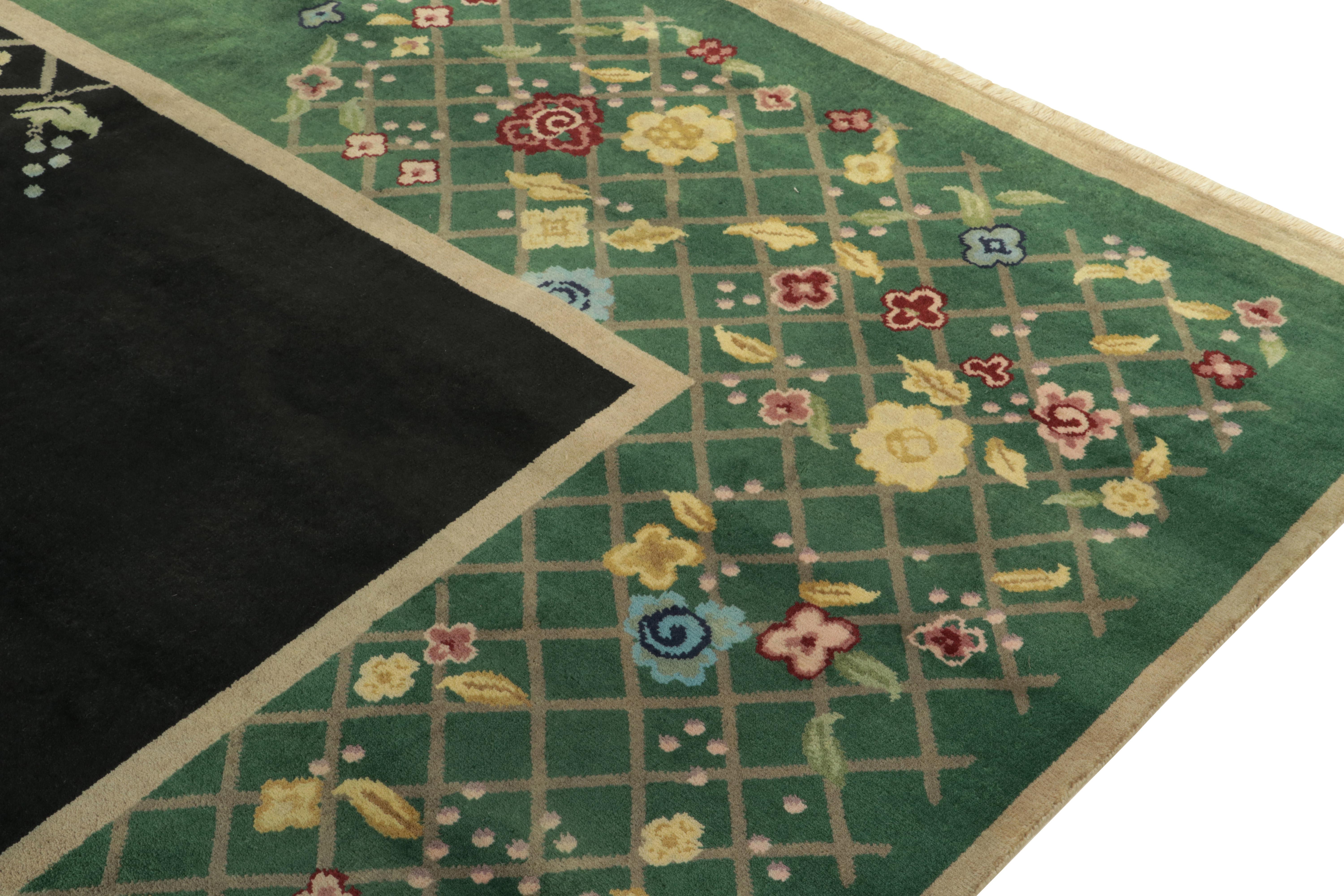 Hand-Knotted Chinese Deco Style Rug in Teal-Green, Black with Colorful Florals by Rug & Kilim For Sale
