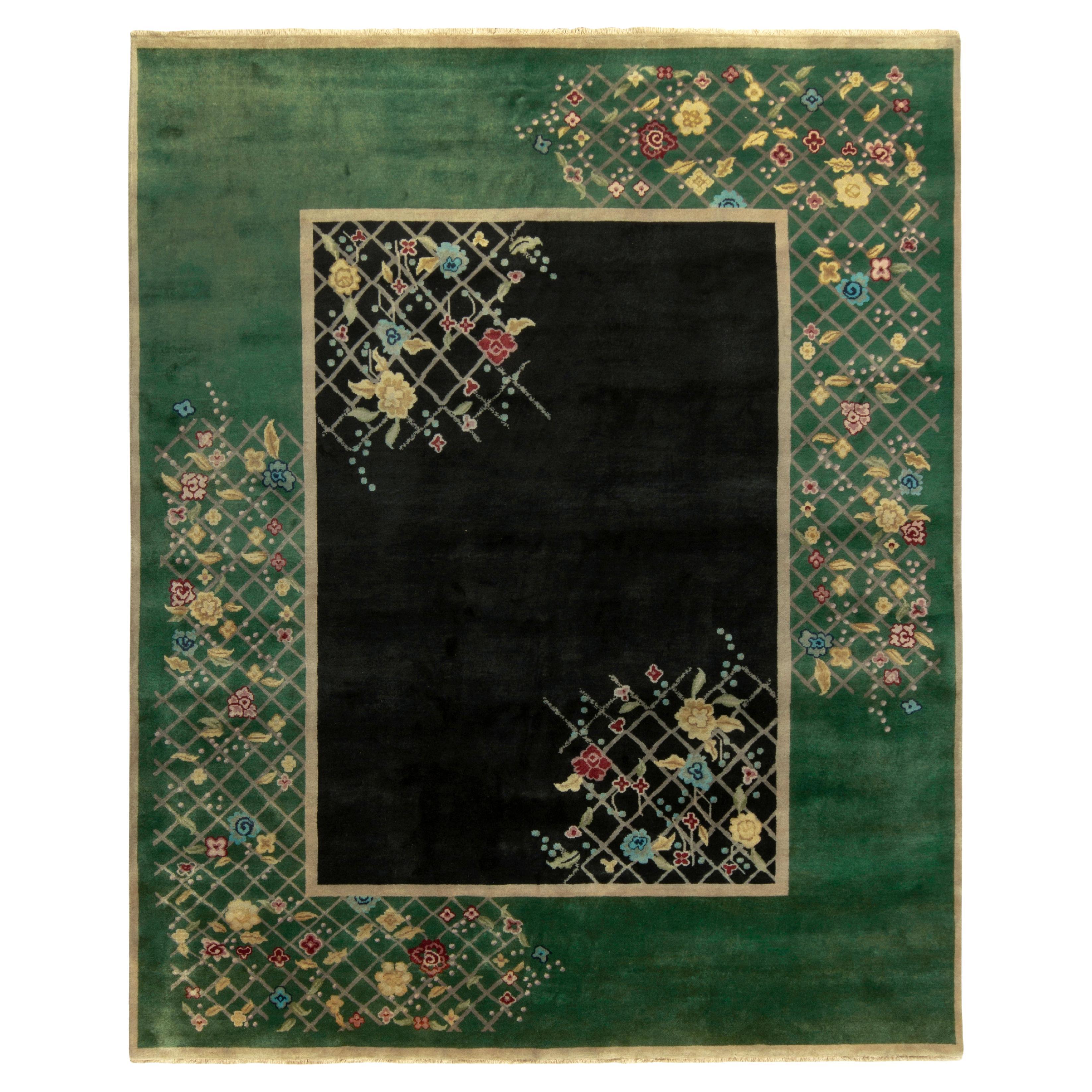 Chinese Deco Style Rug in Teal-Green, Black with Colorful Florals by Rug & Kilim For Sale