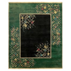 Antique Chinese Deco Style Rug in Teal-Green, Black with Colorful Florals by Rug & Kilim