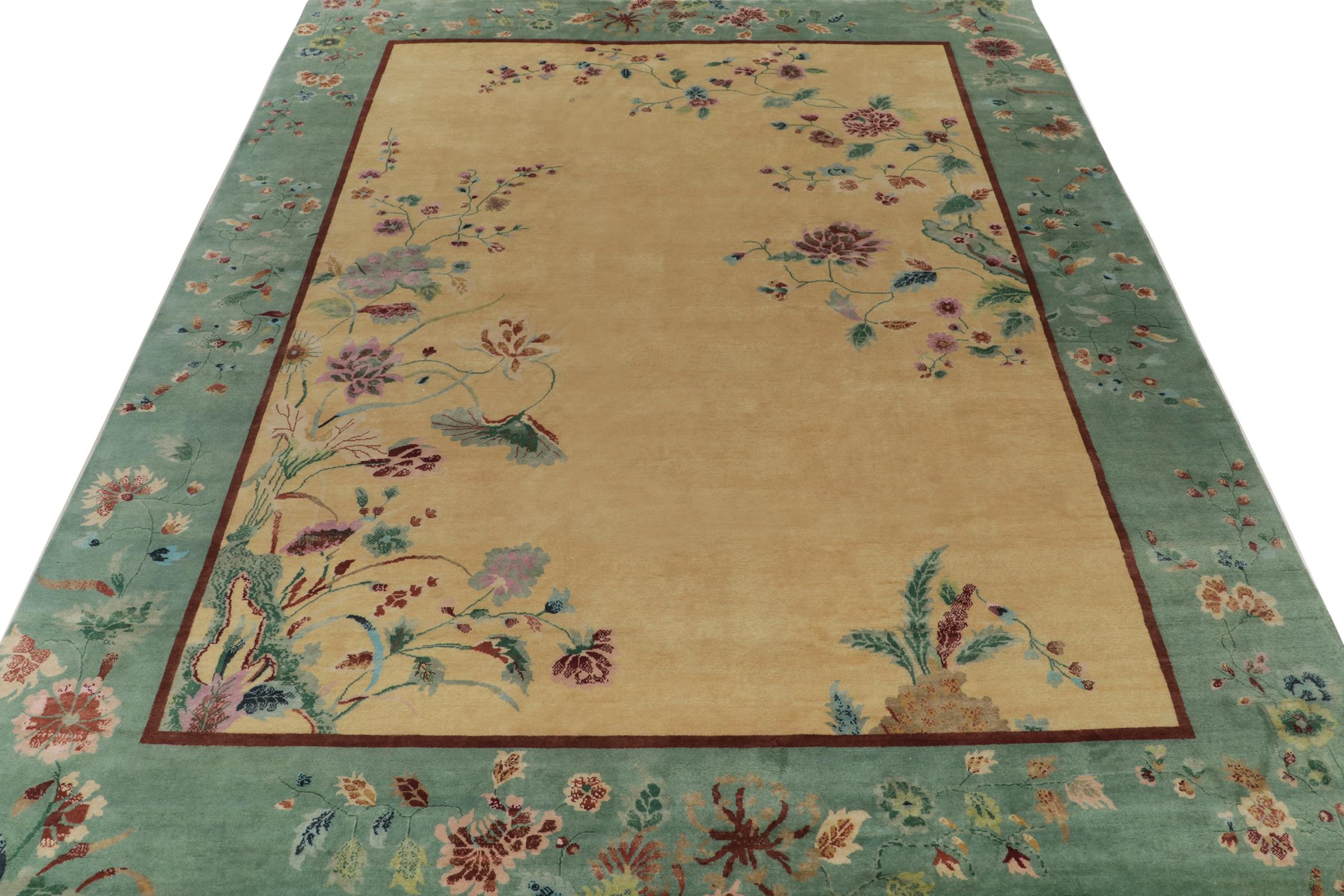 Art Deco Rug & Kilim’s Chinese Deco Style Rug with Teal Border, Gold Field and Florals For Sale