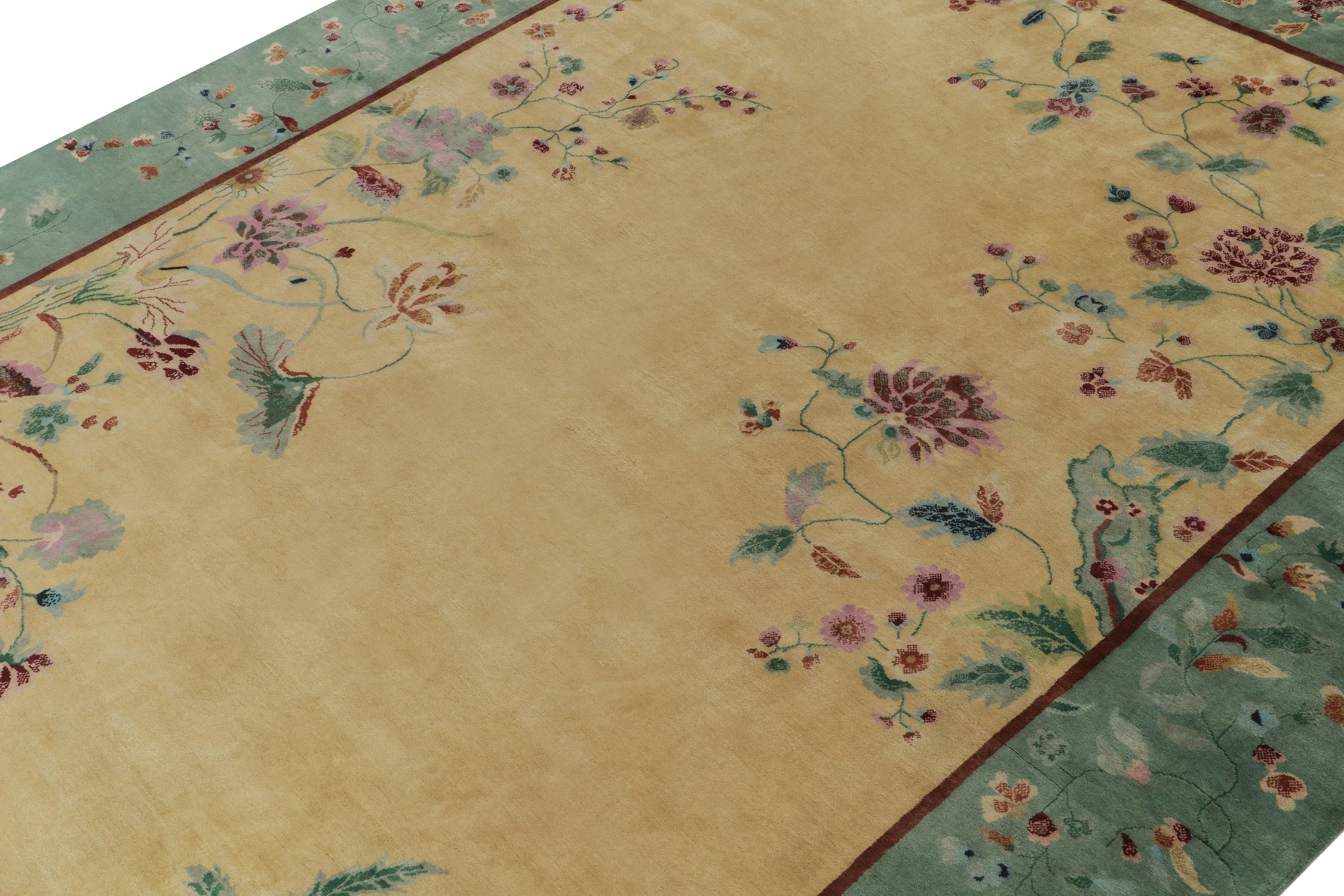 Indian Rug & Kilim’s Chinese Deco Style Rug with Teal Border, Gold Field and Florals For Sale