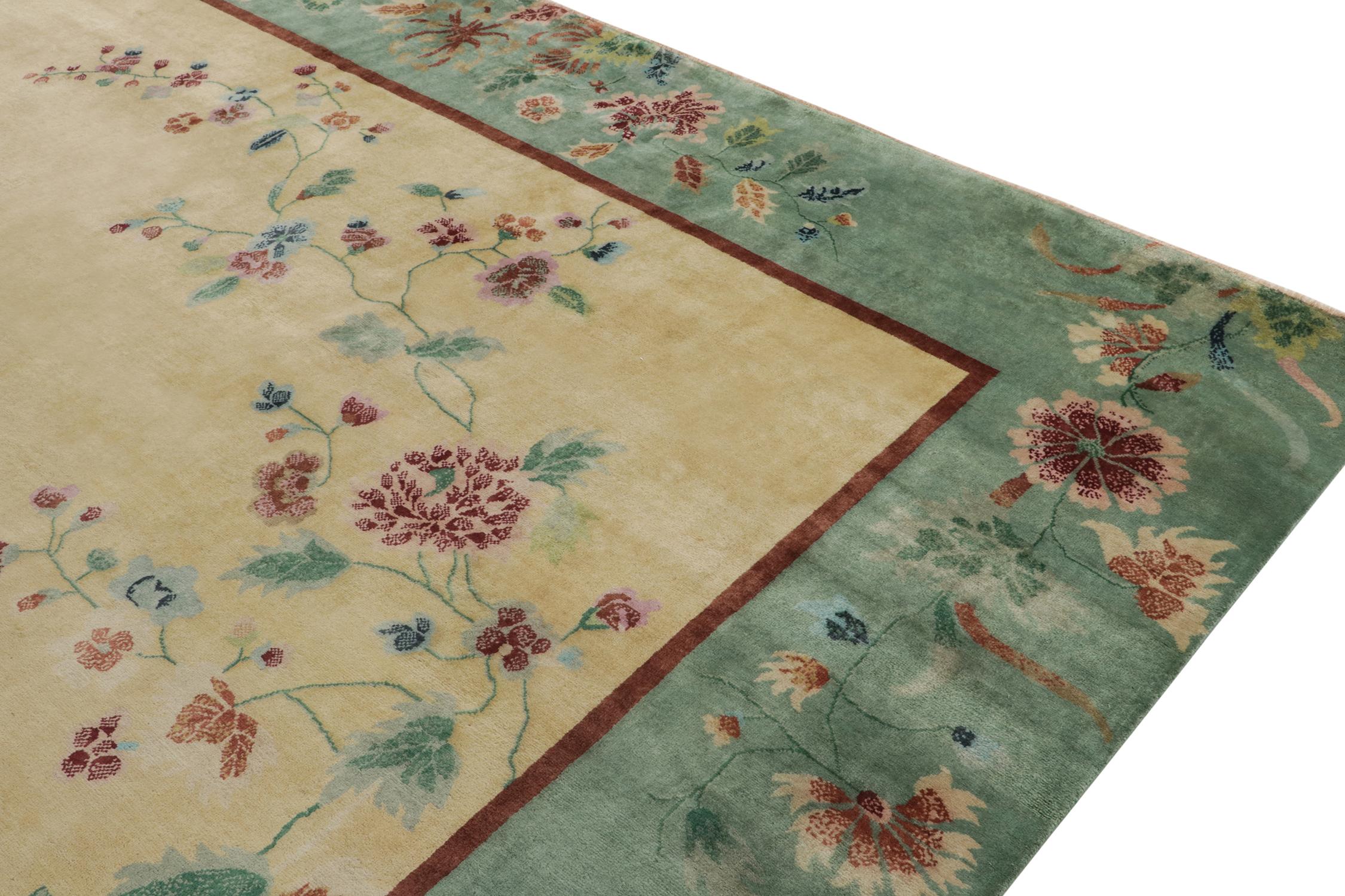 Art Deco Rug & Kilim’s Chinese Deco Style Rug with Teal Border, Gold Field and Florals For Sale