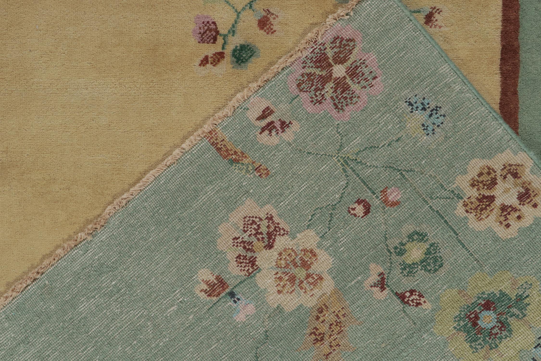 Indian Rug & Kilim’s Chinese Deco Style Rug with Teal Border, Gold Field and Florals For Sale