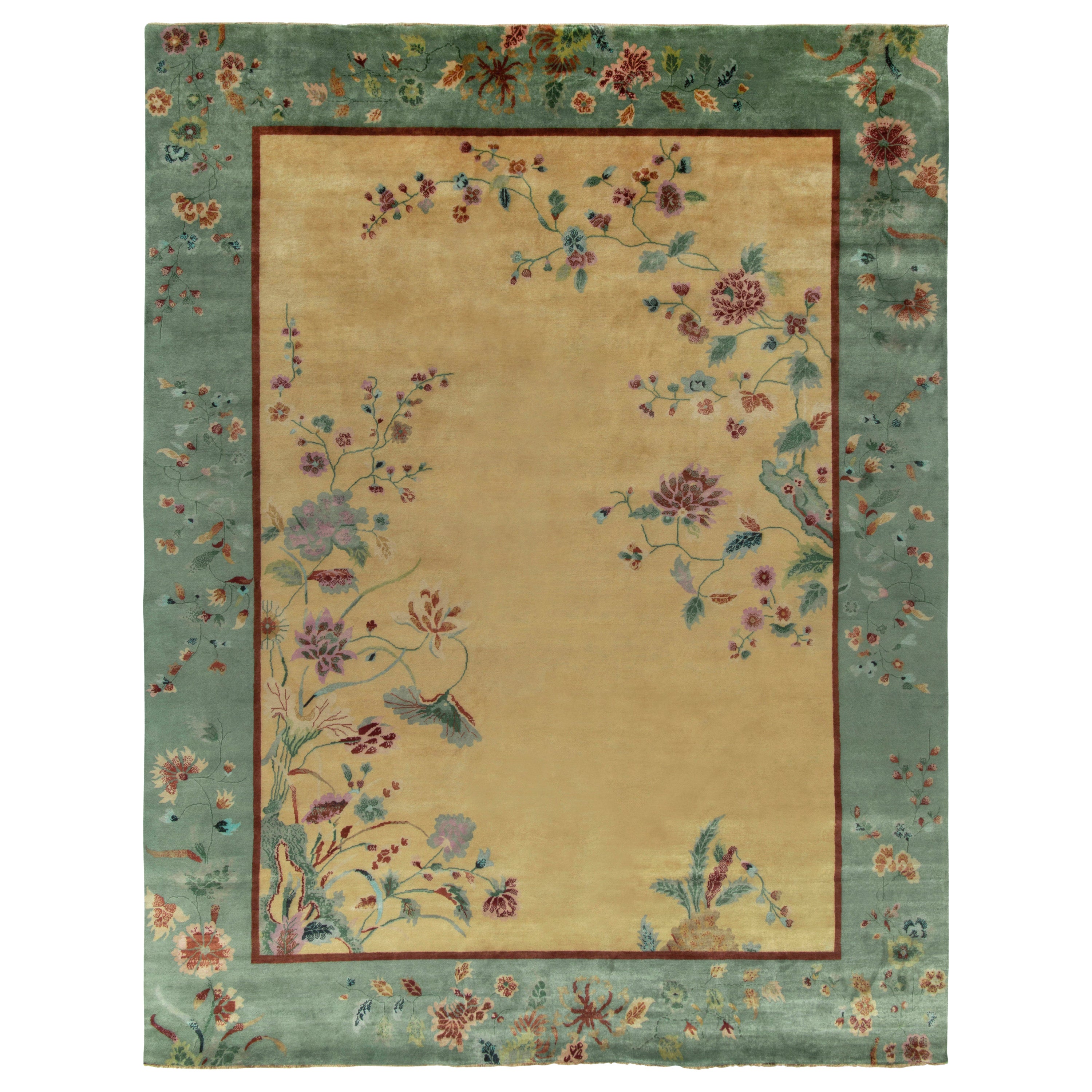 Rug & Kilim’s Chinese Deco Style Rug with Teal Border, Gold Field and Florals For Sale