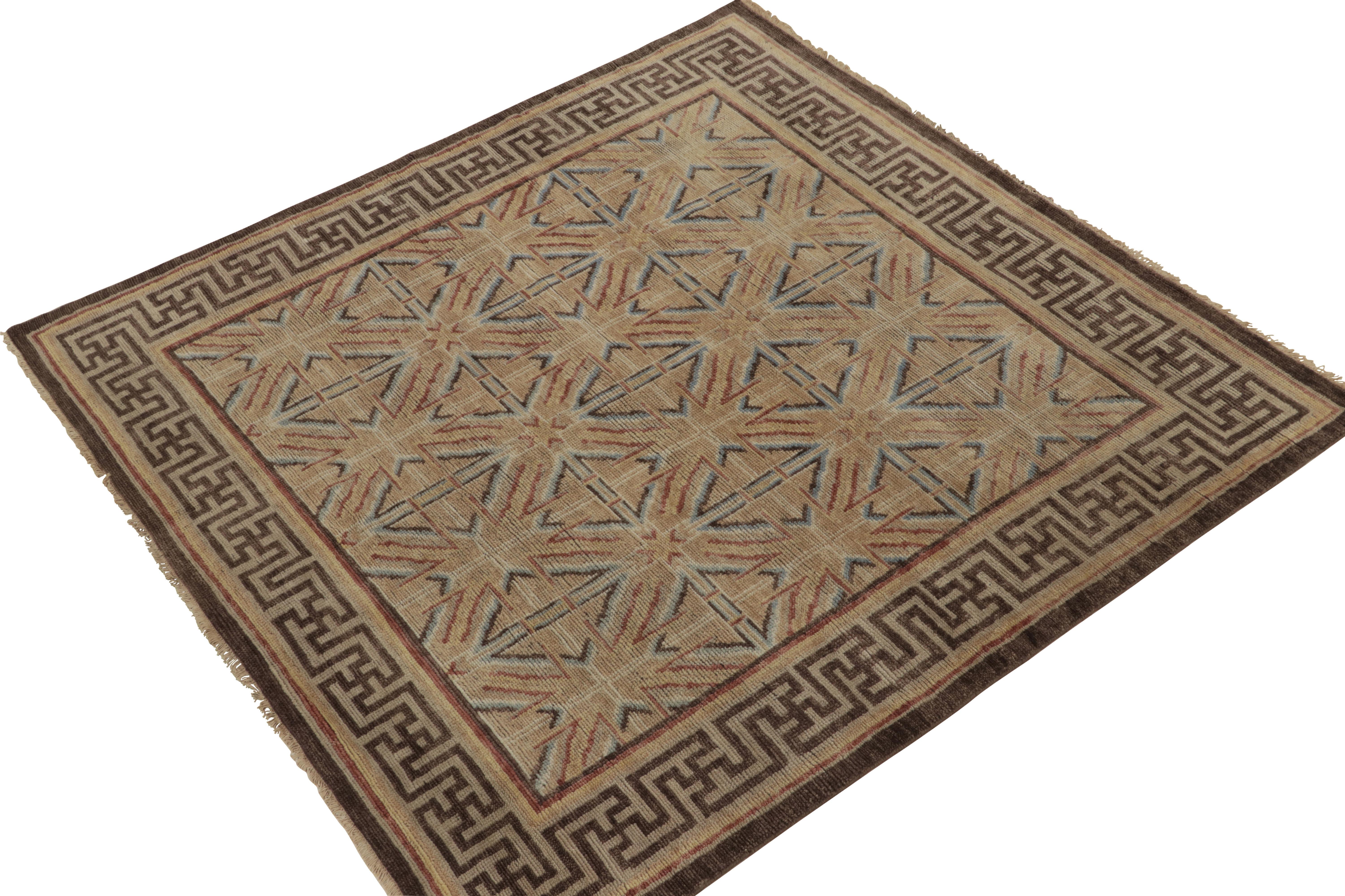 Handknotted in luxurious wool, this square rug of 6x6 size hails from our Burano Black-Weft Collection. 

On the Design: Particularly inspired by the 18th century Chinese dynastic pieces, the deco style diamond pattern rejoices in a muted