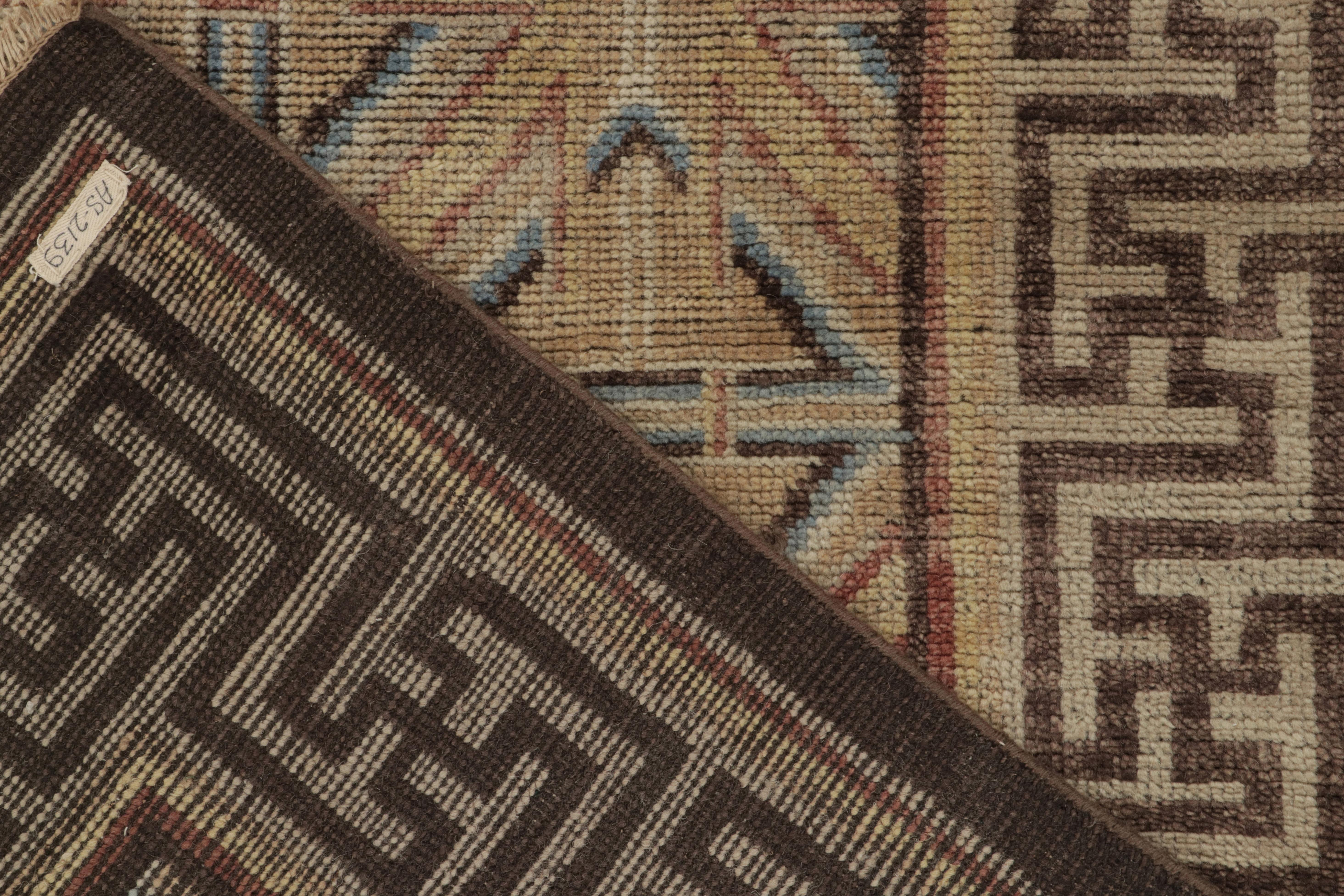Wool Rug & Kilim’s Chinese Dynastic Style Square Rug in Beige-Brown and Blue Patterns For Sale