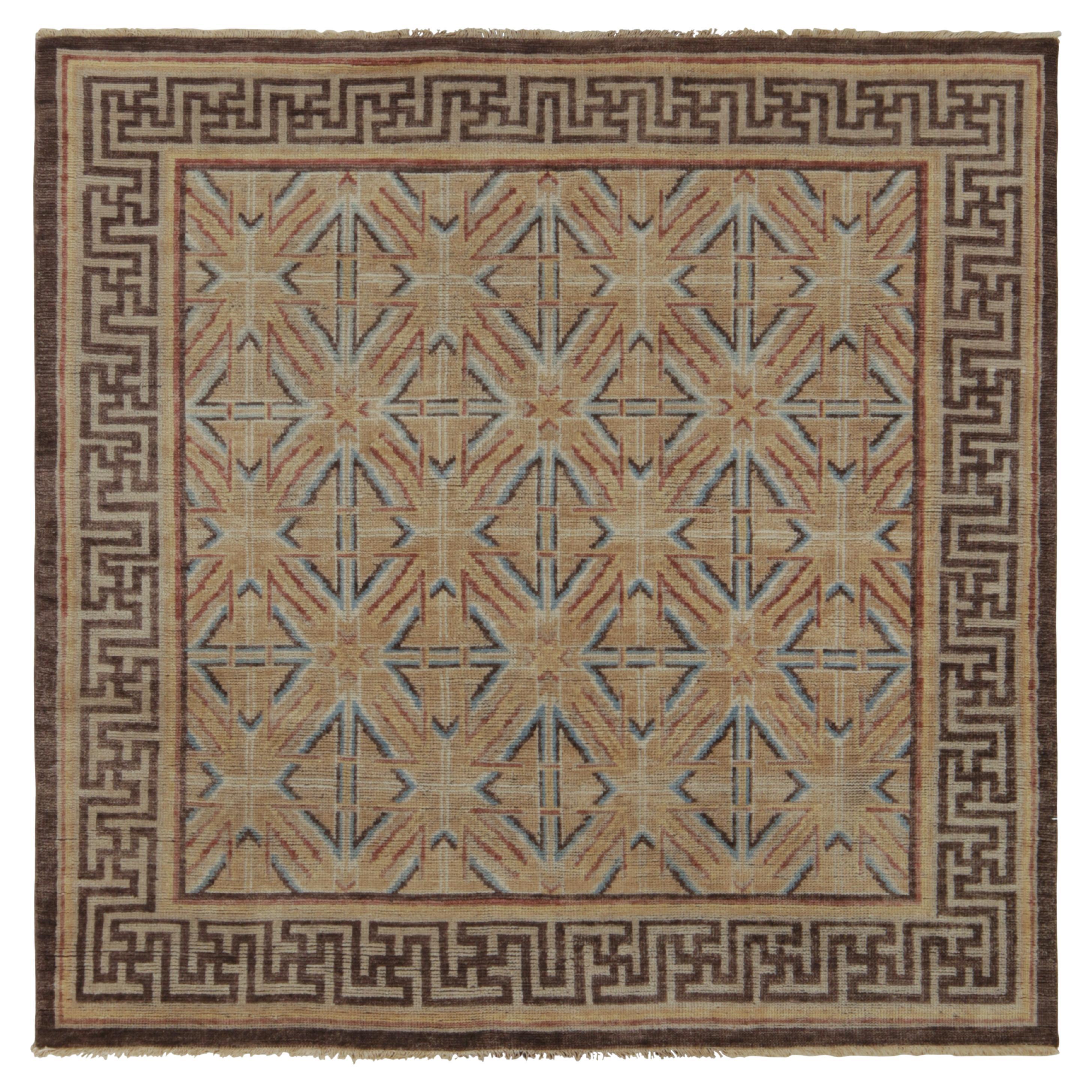 Rug & Kilim’s Chinese Dynastic Style Square Rug in Beige-Brown and Blue Patterns For Sale