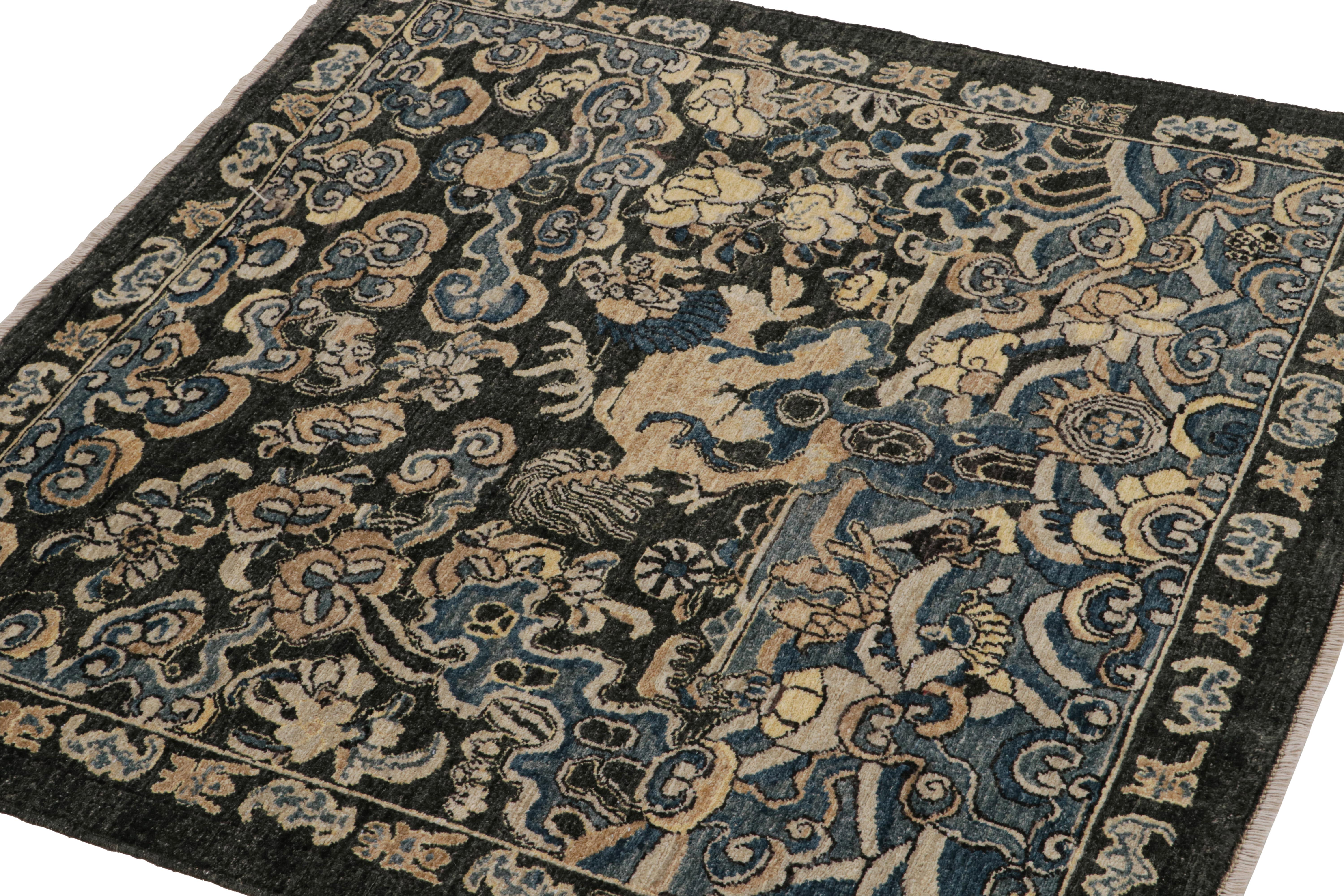 Hand-knotted in wool, this 4x4 square rug has been inspired by antique Chinese pictorial rugs—specifically animal rugs with mythological references of the most regal look.

On the Design: 

This particular design recaptures a Kirin (or “Qilin” in