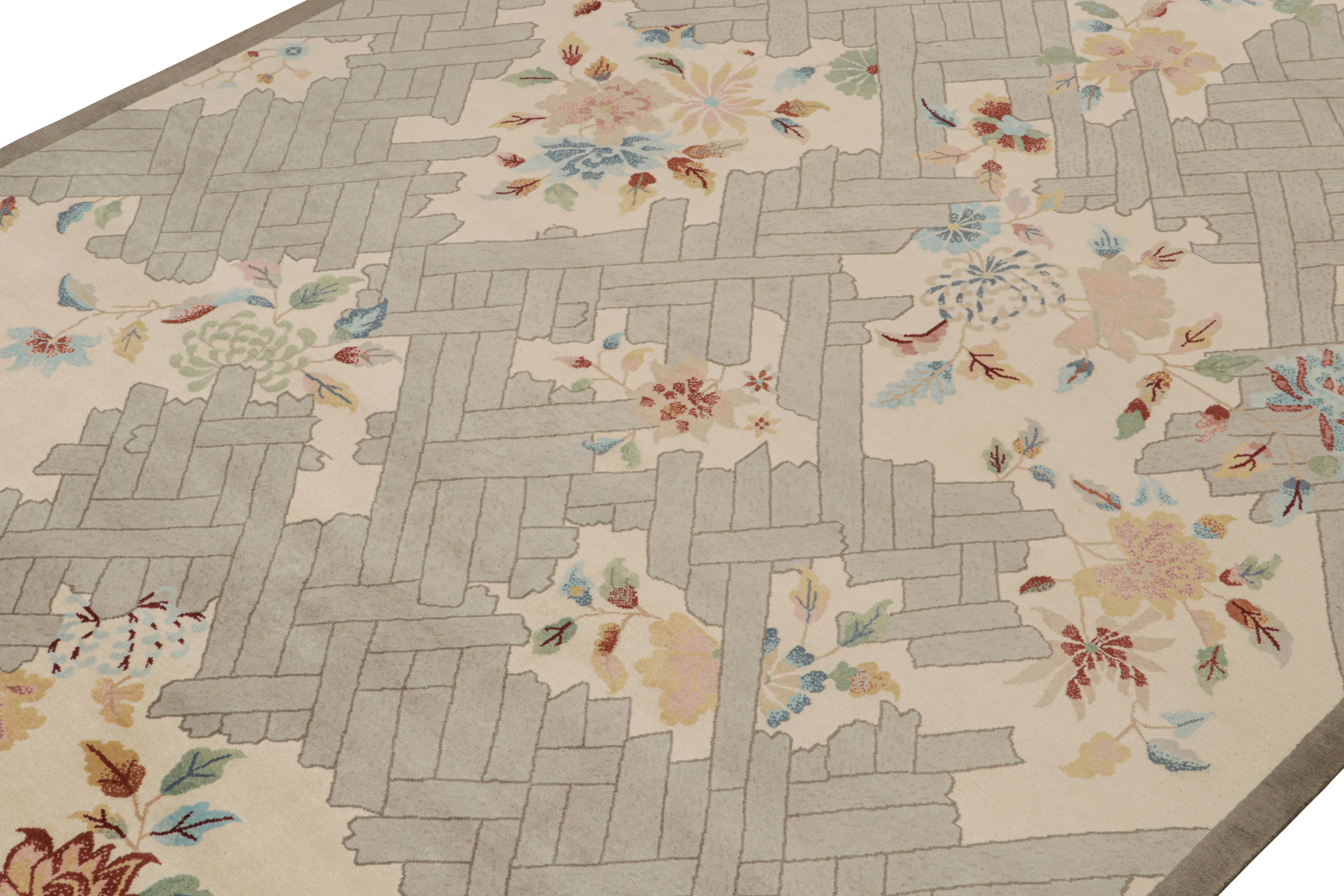 This 10x14 ode to Chinese Art Deco rugs is the next addition to Rug & Kilim’s newly inspired Deco Collection. Hand-knotted in wool.

Further on the Design: 

This piece boasts the Deco style of the 1920s in a confluence of floral design with gray