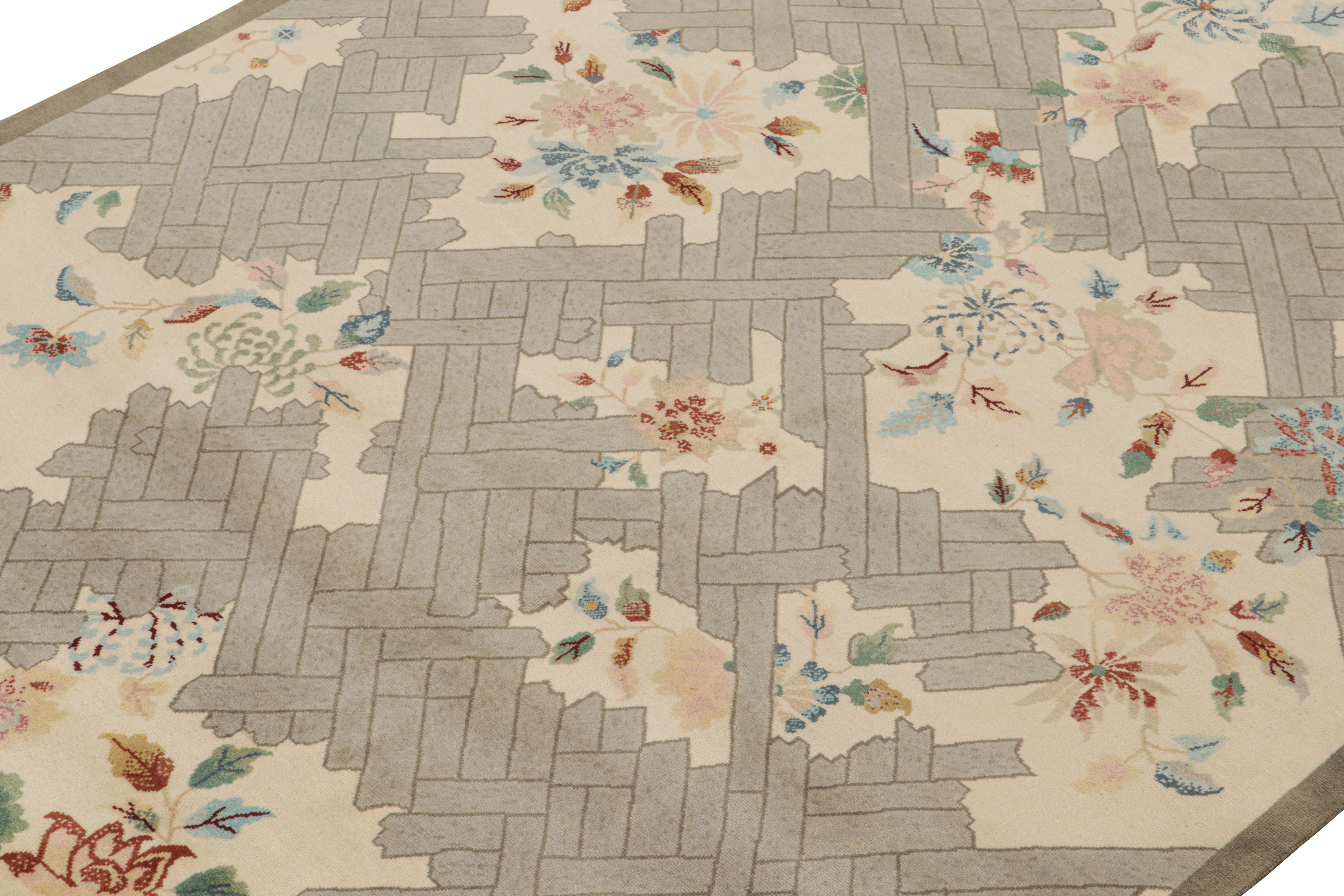 This 8x10 ode to Chinese Art Deco rugs is the next addition to Rug & Kilim’s newly inspired Deco Collection. Hand-knotted in wool.

Further on the Design: 

This piece boasts the Deco style of the 1920s in a confluence of floral design with gray
