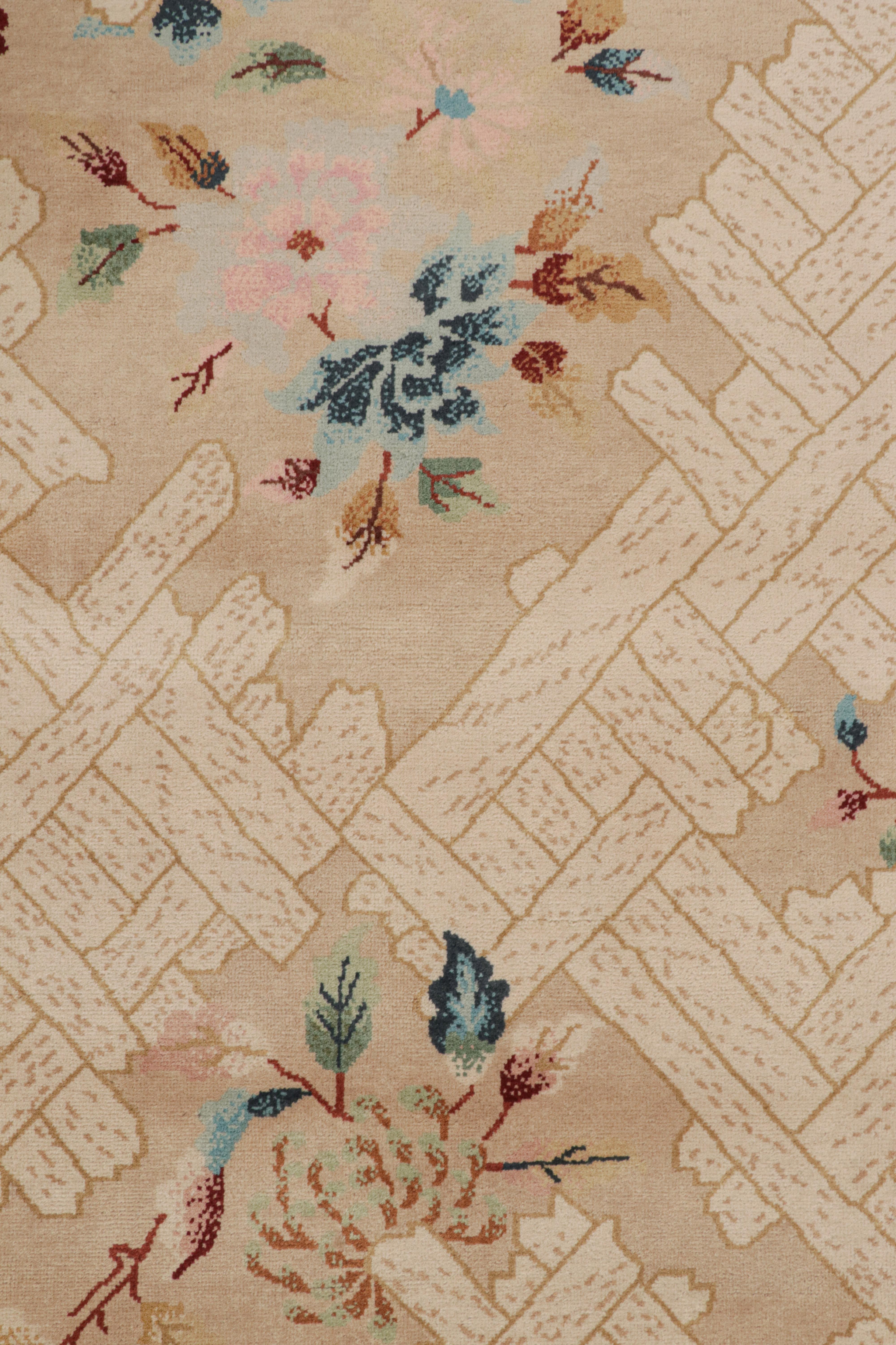Indian Rug & Kilim’s Chinese Style Art Deco rug in Beige with Colorful Florals For Sale