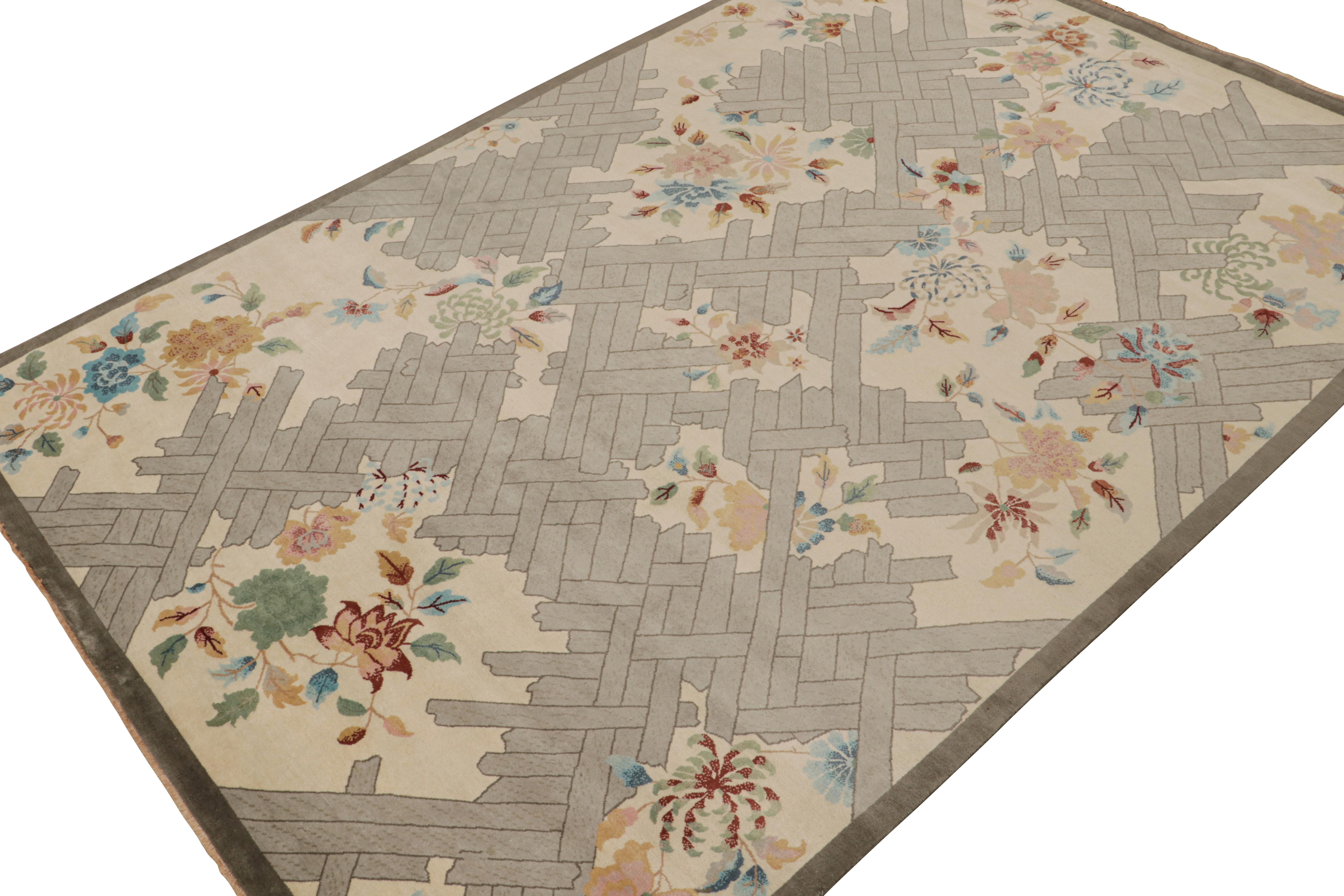 Indian Rug & Kilim’s Chinese Style Art Deco Rug in Beige with Colorful Florals For Sale