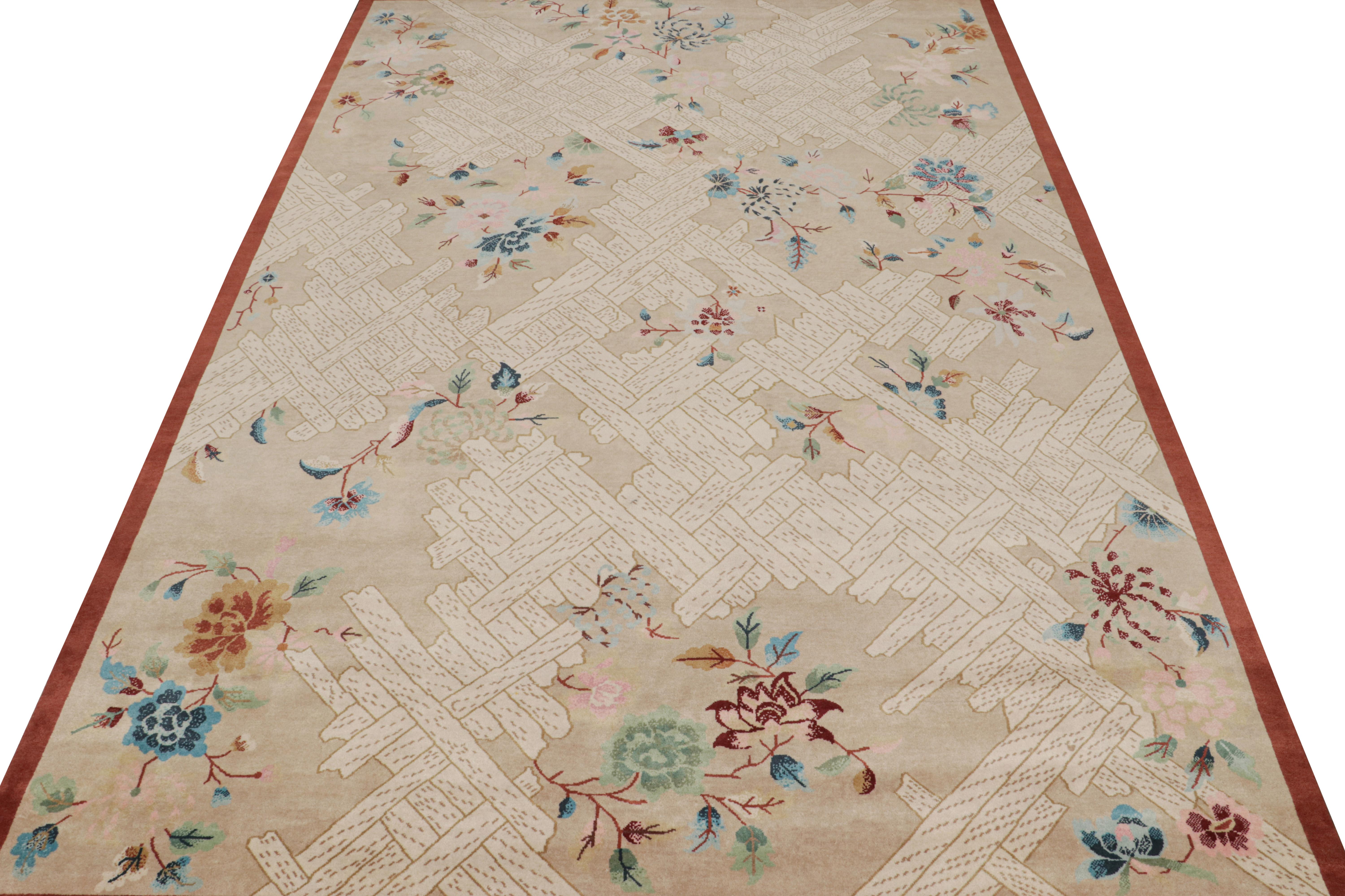 Indian Rug & Kilim’s Chinese Style Art Deco Rug in Beige with Colorful Florals For Sale