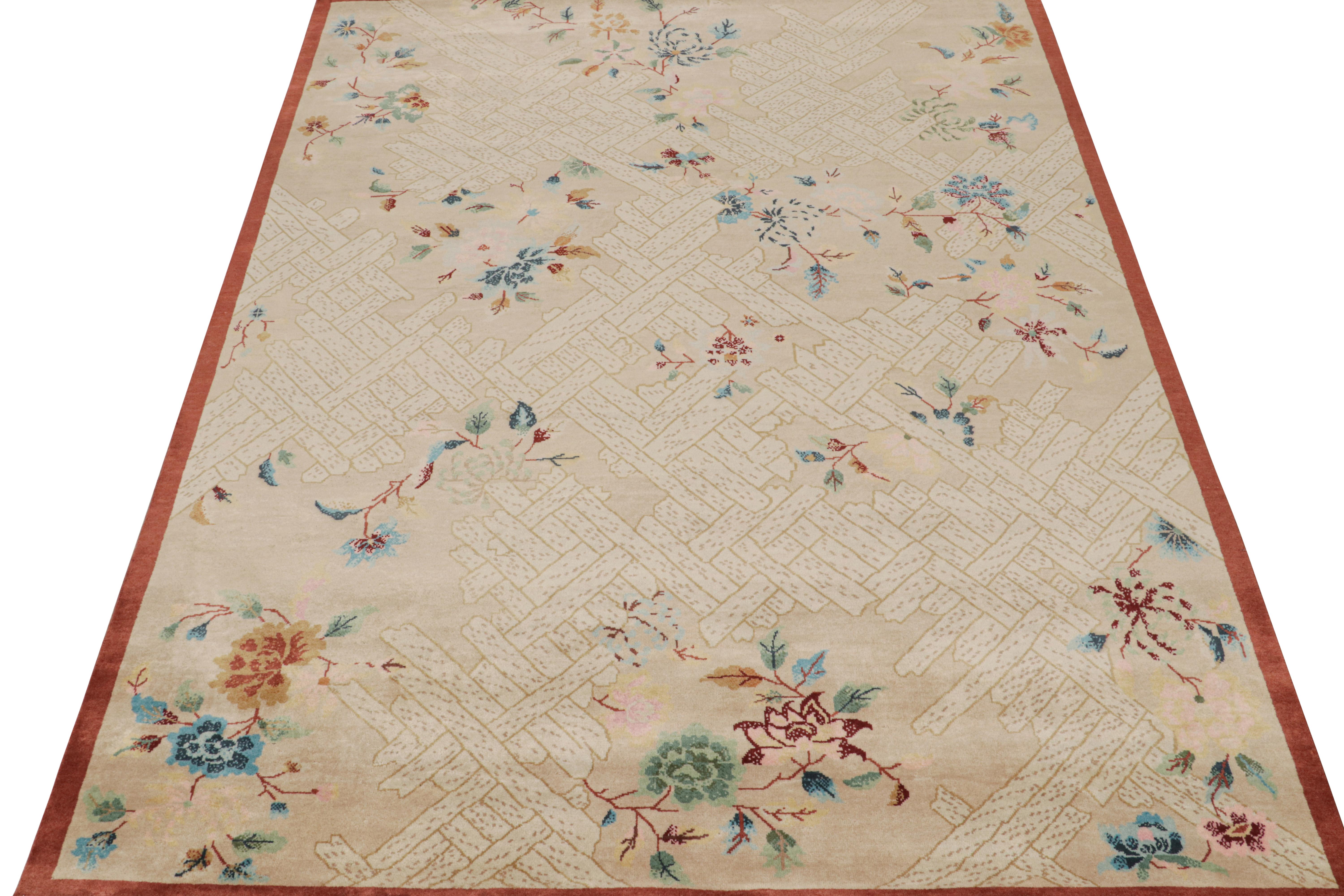 Indian Rug & Kilim’s Chinese Style Art Deco Rug in Beige with Colorful Florals For Sale