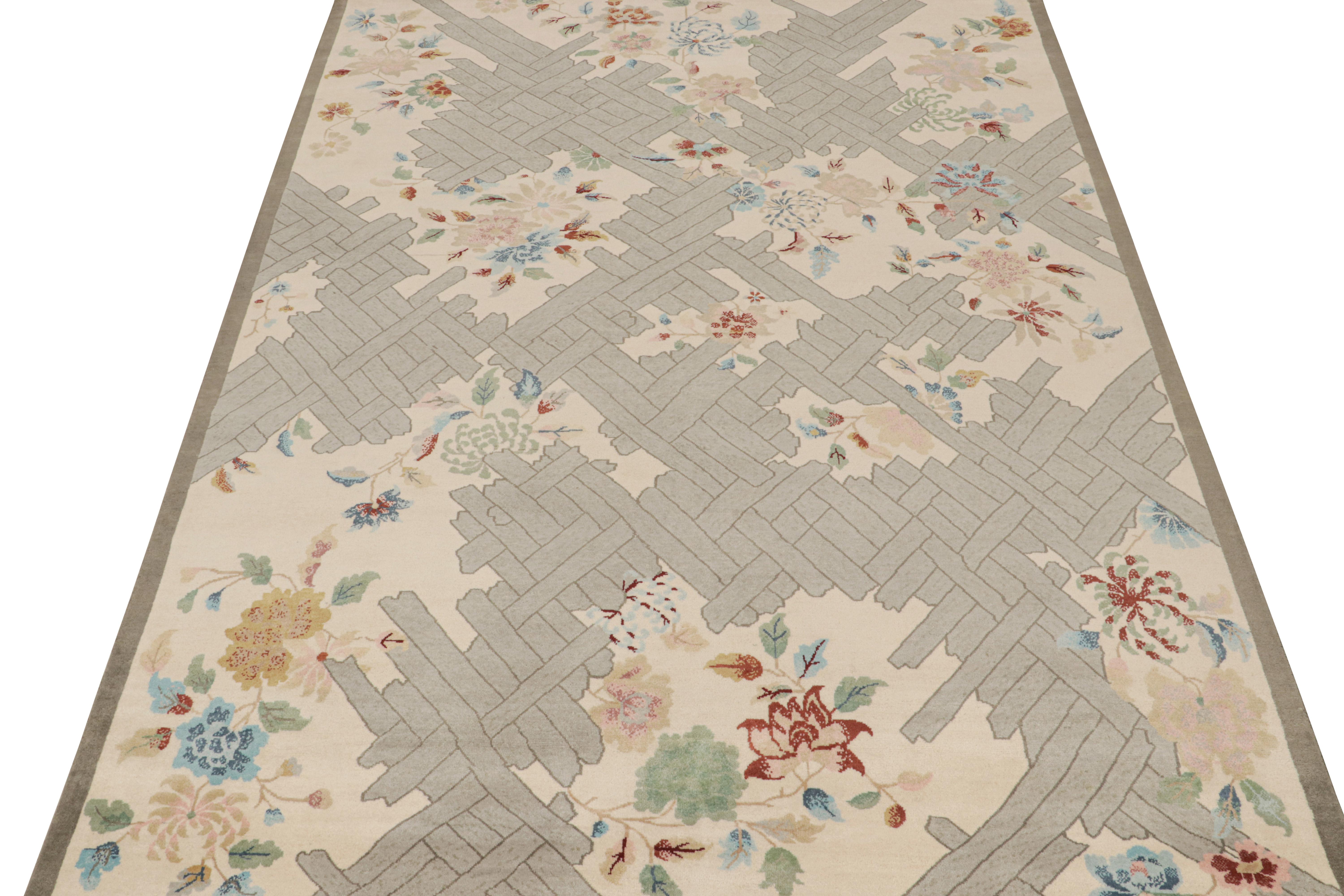 Indian Rug & Kilim’s Chinese Style Art Deco rug in Beige with Colorful Florals For Sale