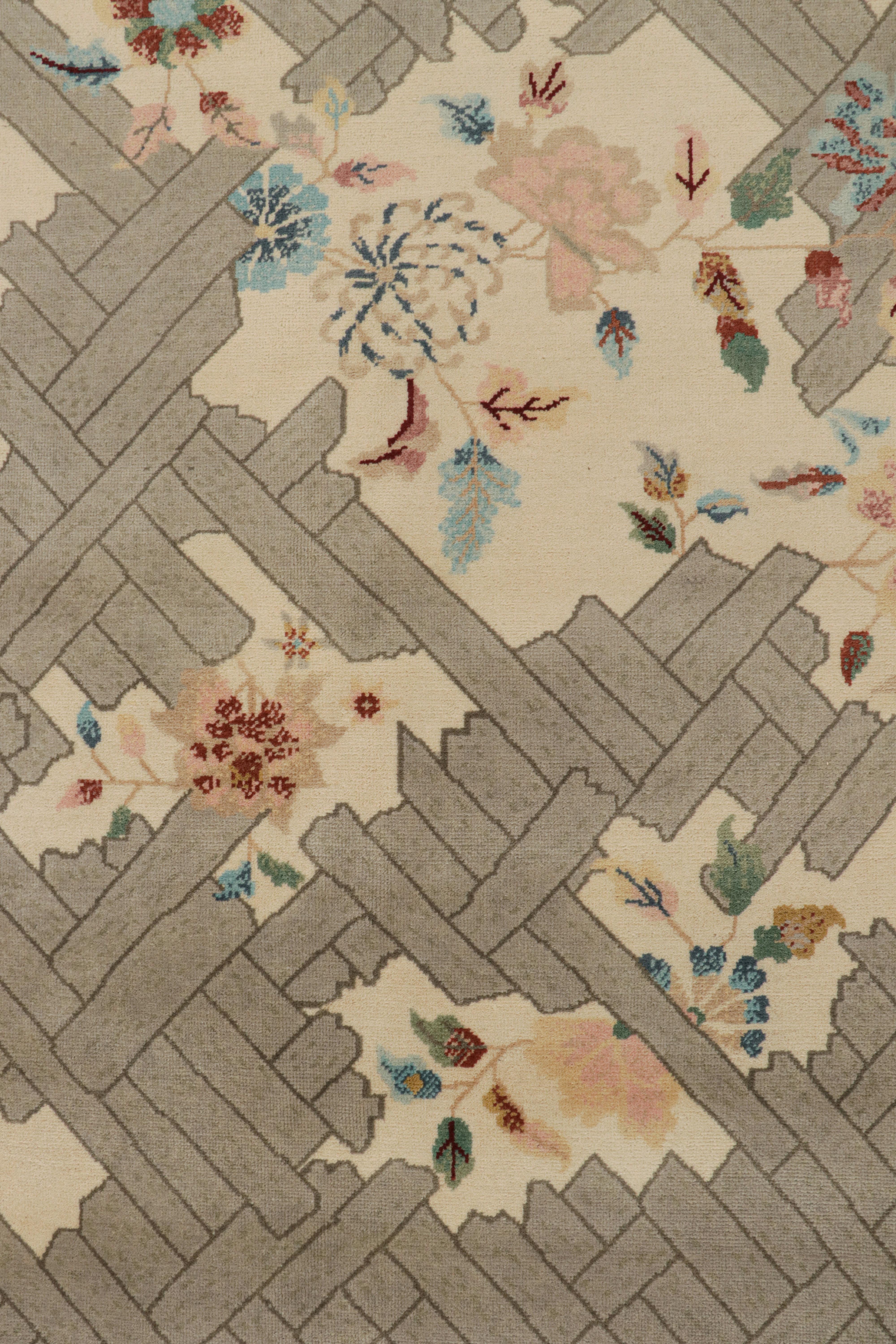Indian Rug & Kilim’s Chinese Style Art Deco Rug in Beige with Colorful Florals For Sale