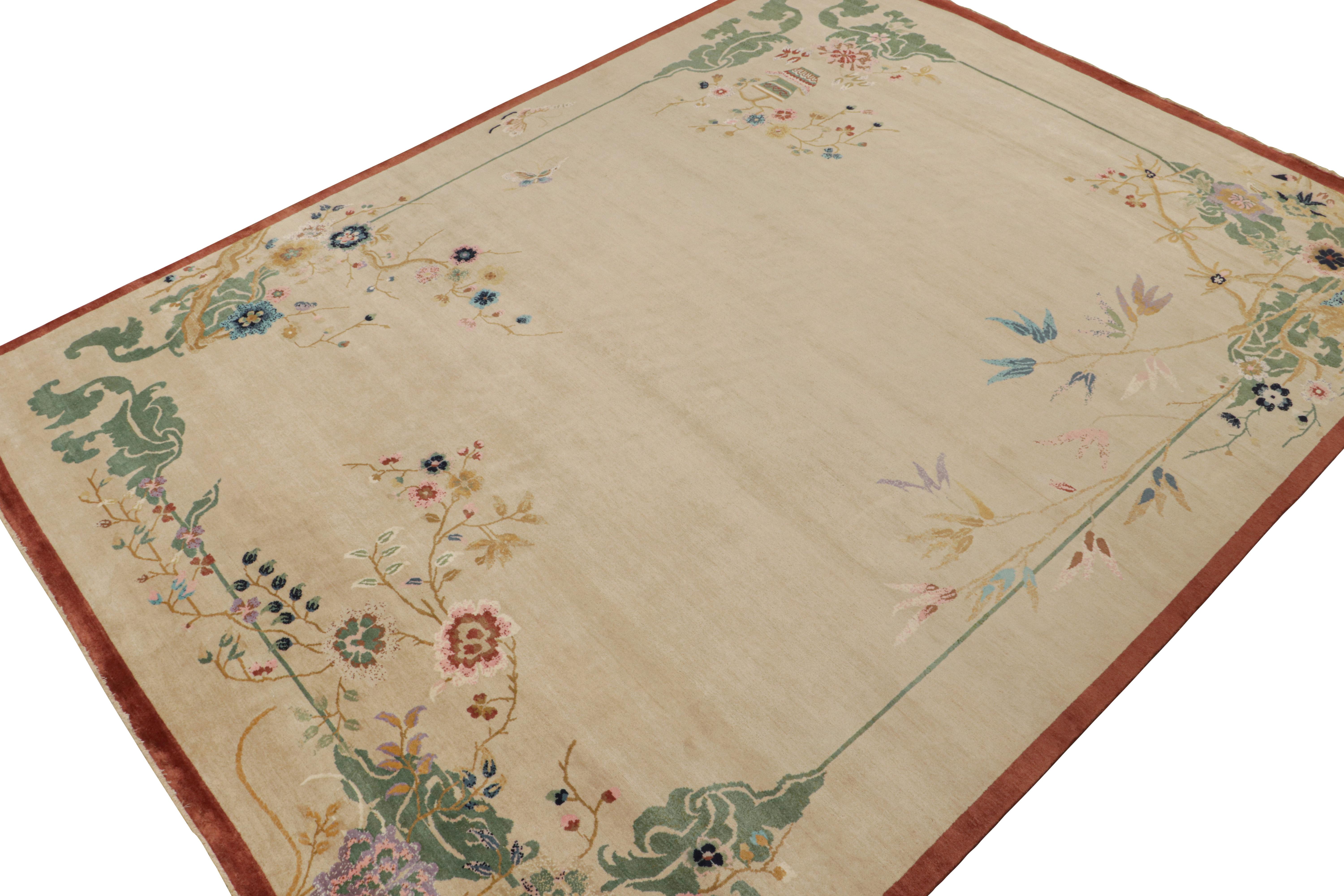 Noué à la main Rug & Kilim's Chinese Style Art Deco rug in Beige with Colorful Florals (tapis de style chinois Art déco avec des fleurs colorées) en vente
