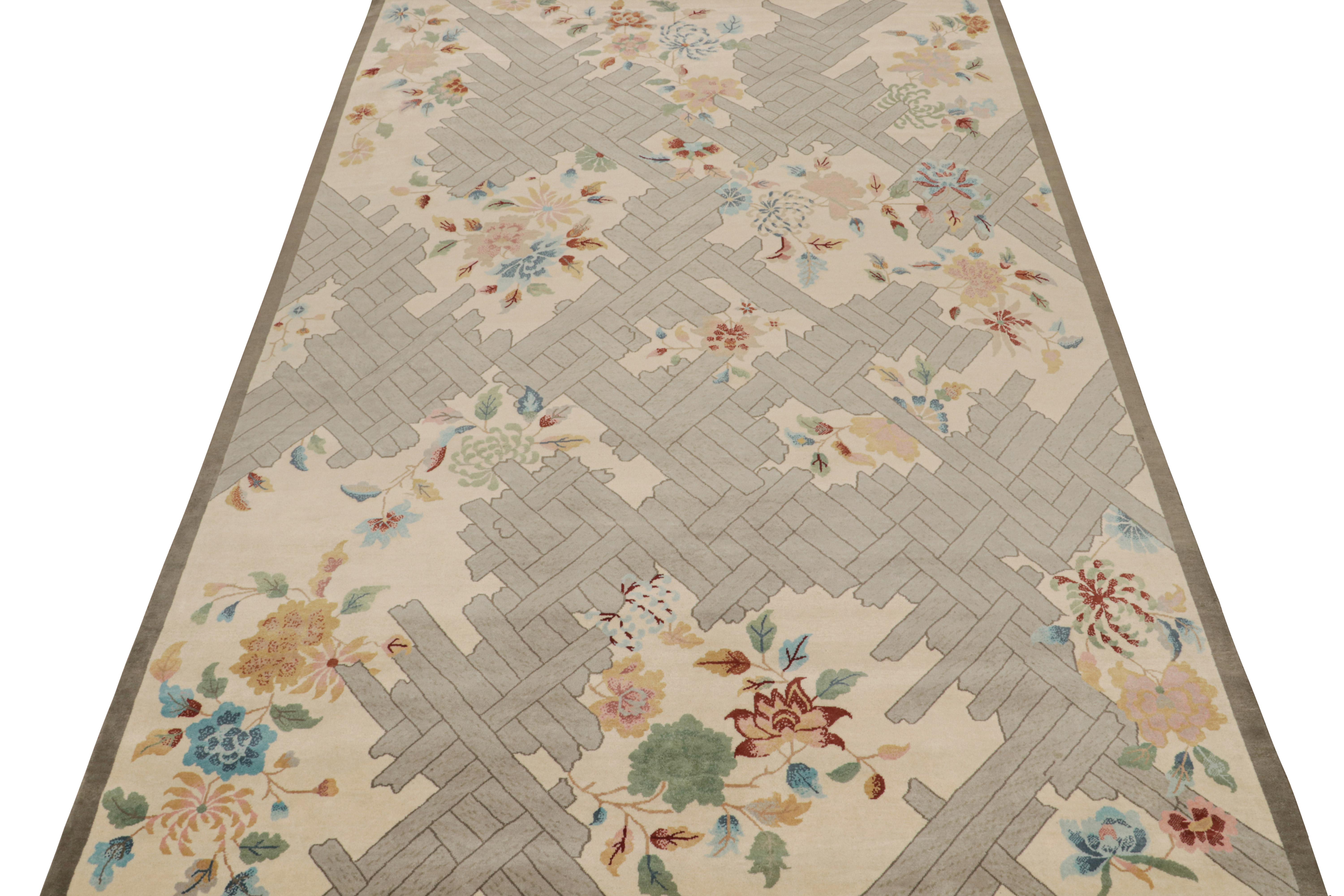 Hand-Knotted Rug & Kilim’s Chinese Style Art Deco Rug in Beige with Colorful Florals For Sale