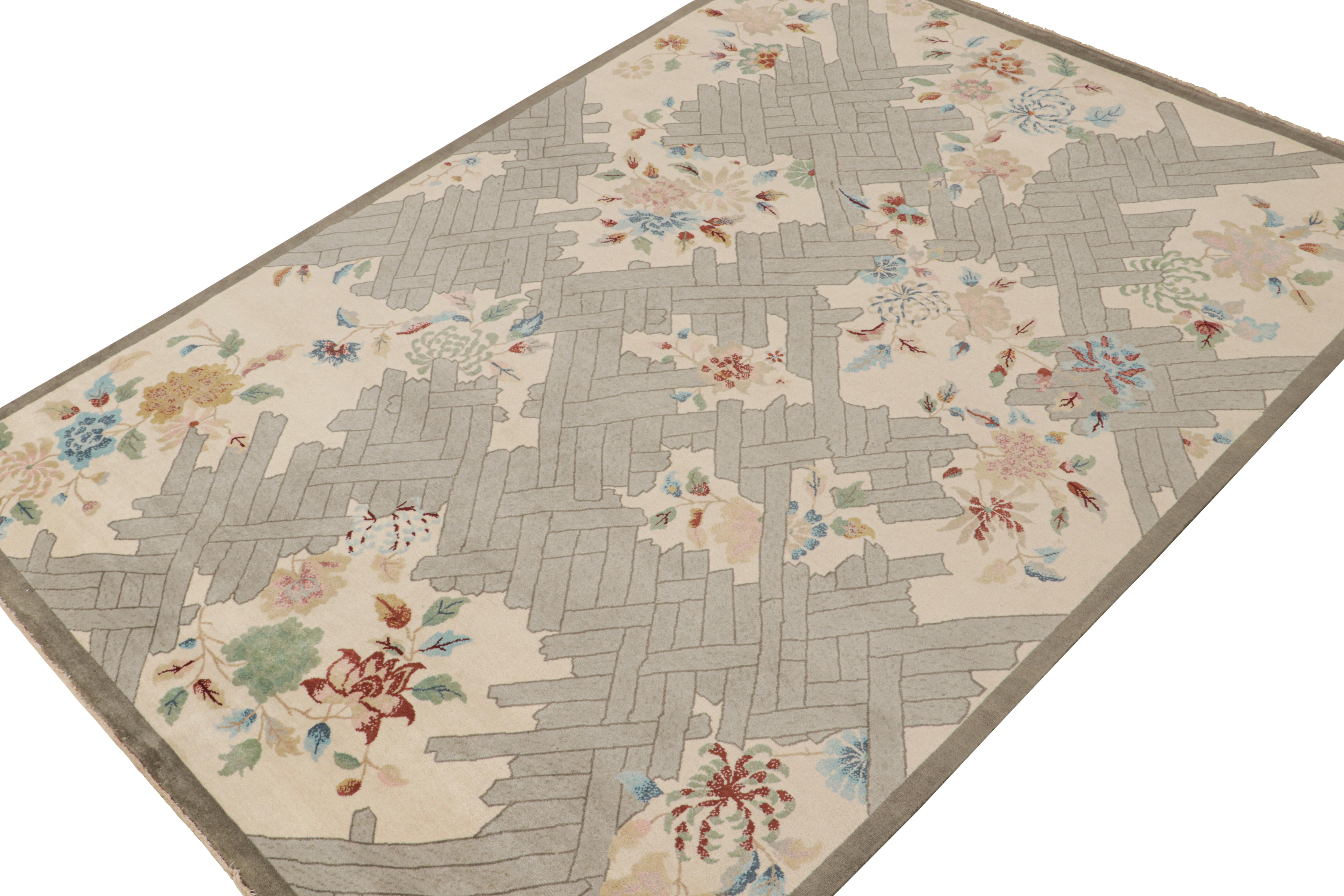 Hand-Knotted Rug & Kilim’s Chinese Style Art Deco rug in Beige with Colorful Florals For Sale