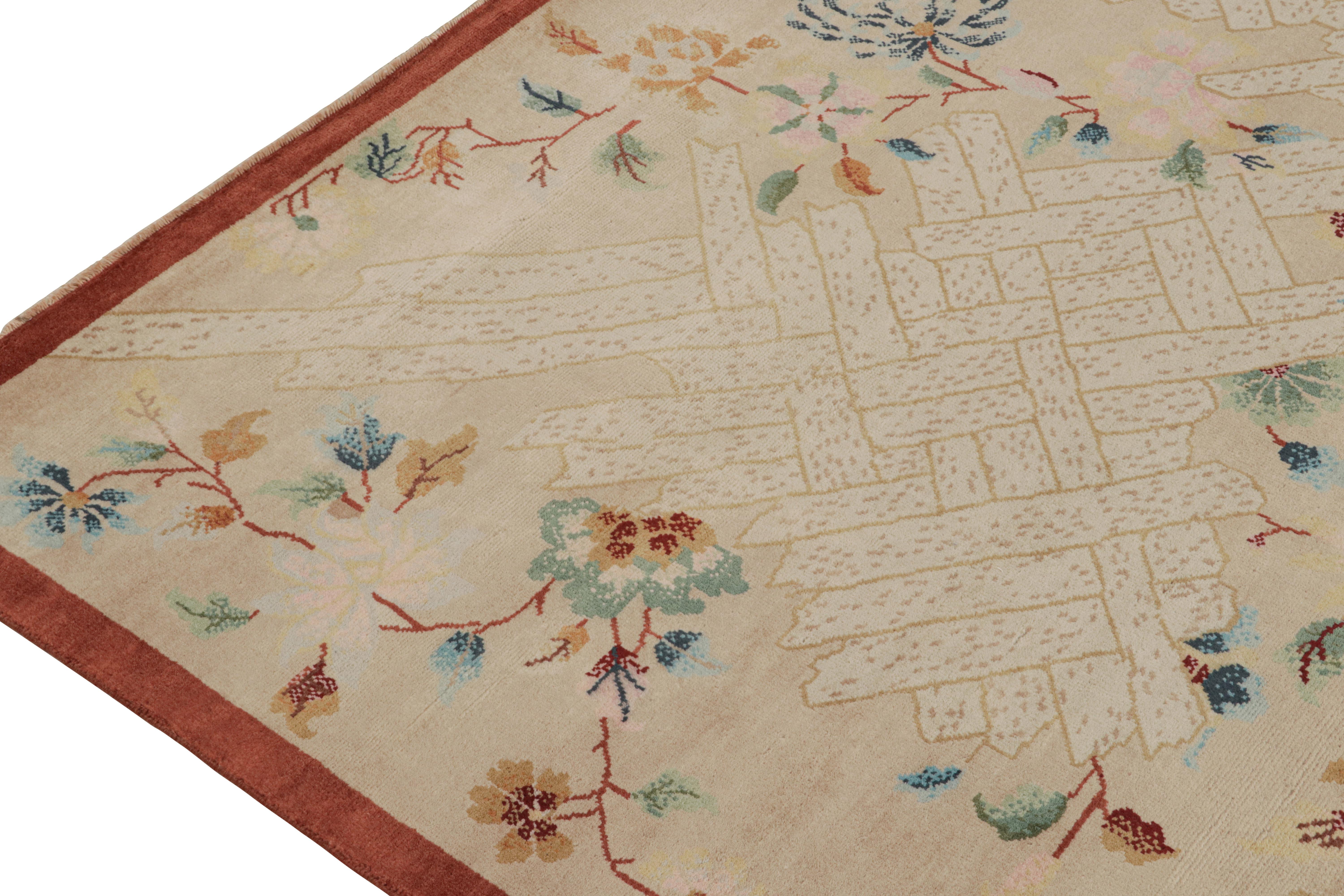 Rug & Kilim's Chinese Style Art Deco Teppich in Beige mit bunten Blumen (Handgeknüpft) im Angebot