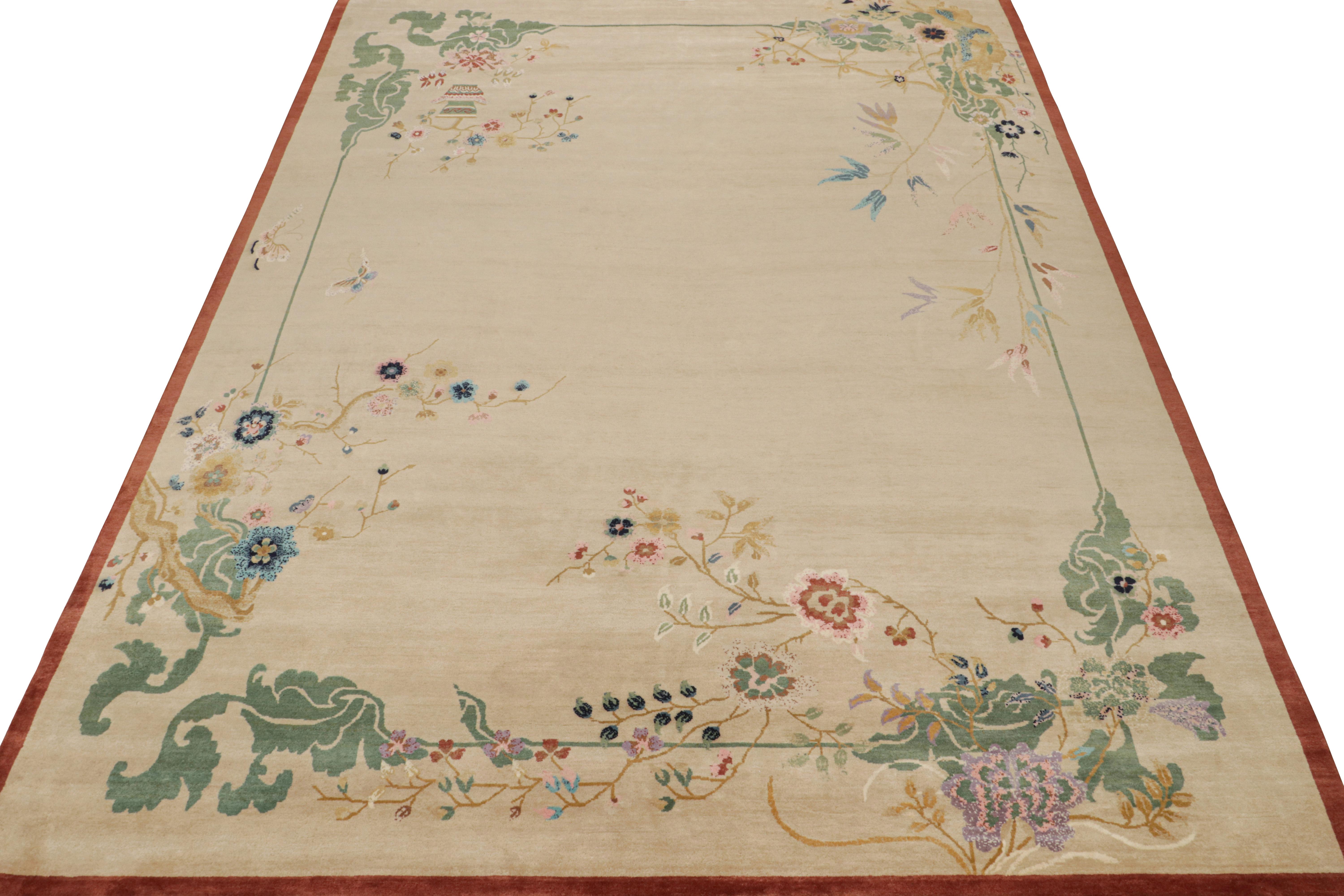 Rug & Kilim’s Chinese Style Art Deco rug in Beige with Colorful Florals In New Condition For Sale In Long Island City, NY