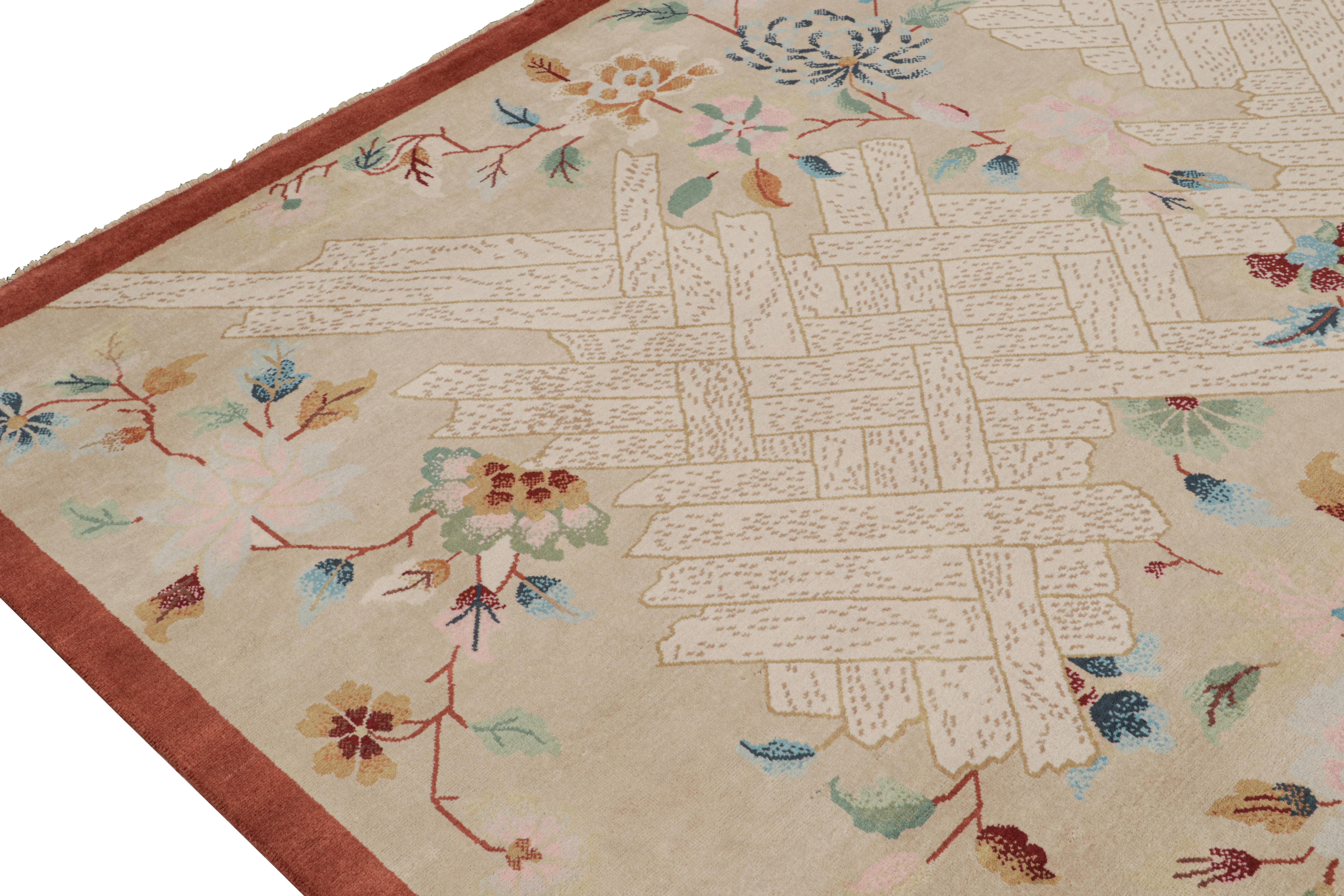 Rug & Kilim's Chinese Style Art Deco Teppich in Beige mit bunten Blumen (Handgeknüpft) im Angebot