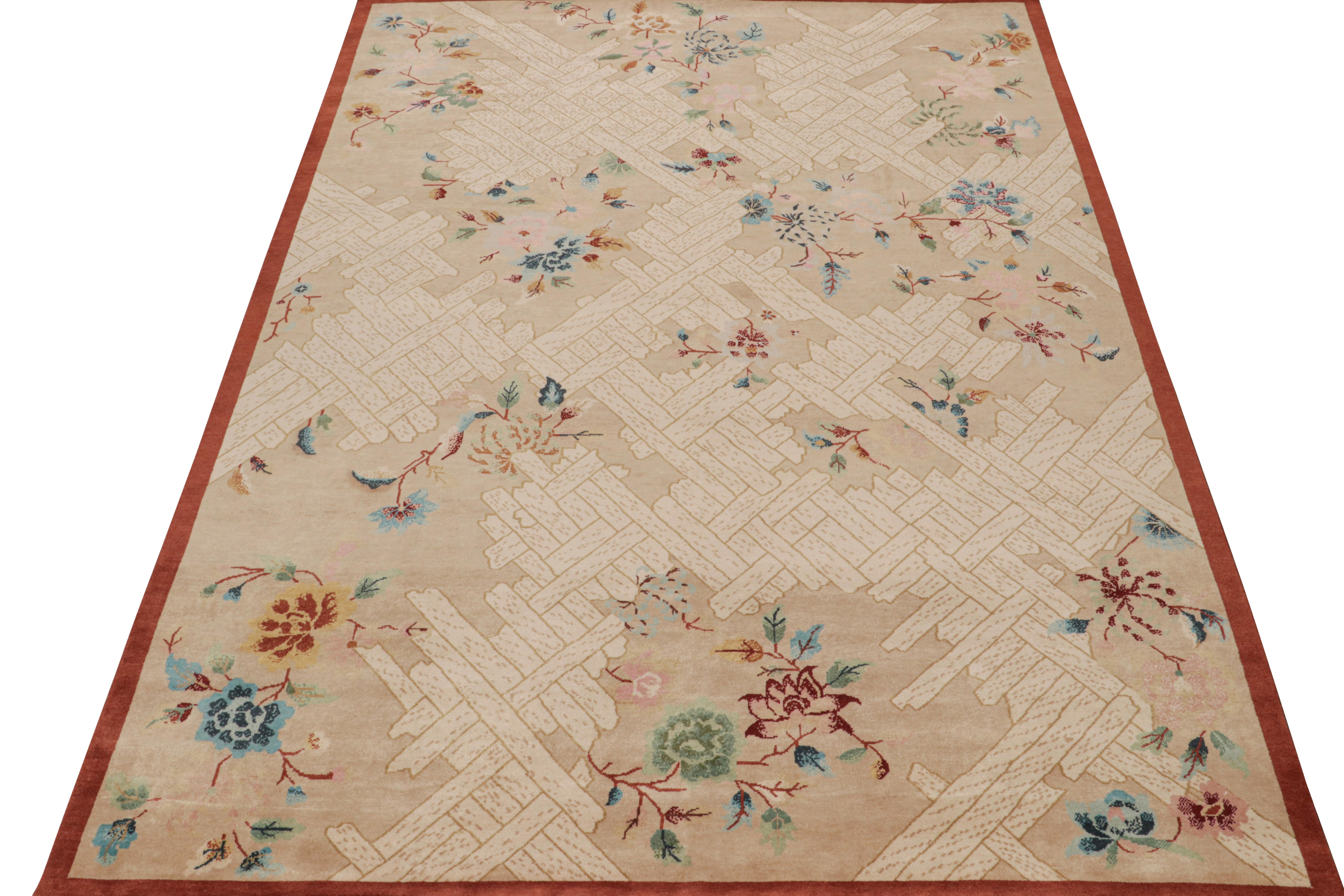 Rug & Kilim's Chinese Style Art Deco Teppich in Beige mit bunten Blumen (Handgeknüpft) im Angebot