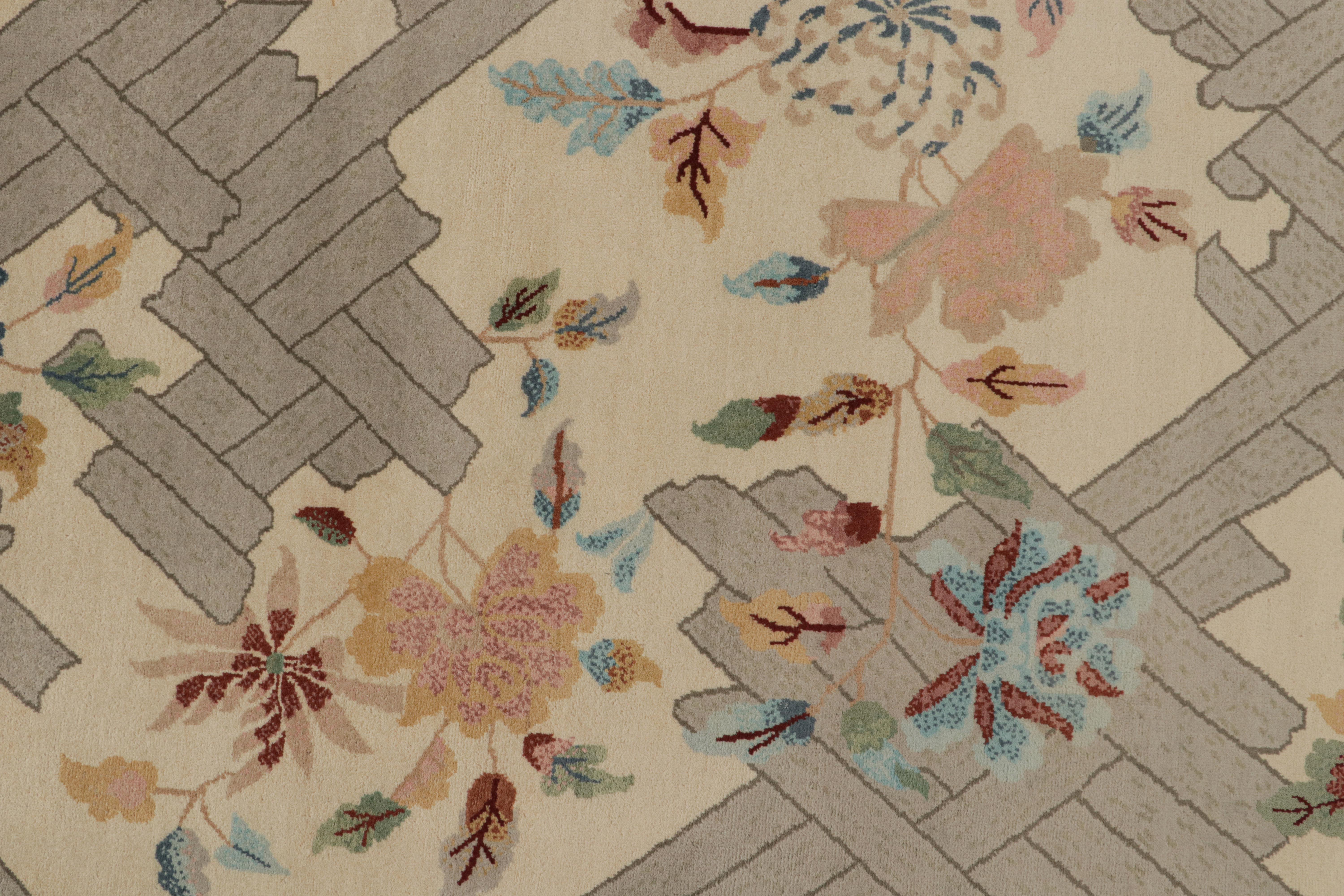 Contemporary Rug & Kilim’s Chinese Style Art Deco Rug in Beige with Colorful Florals For Sale